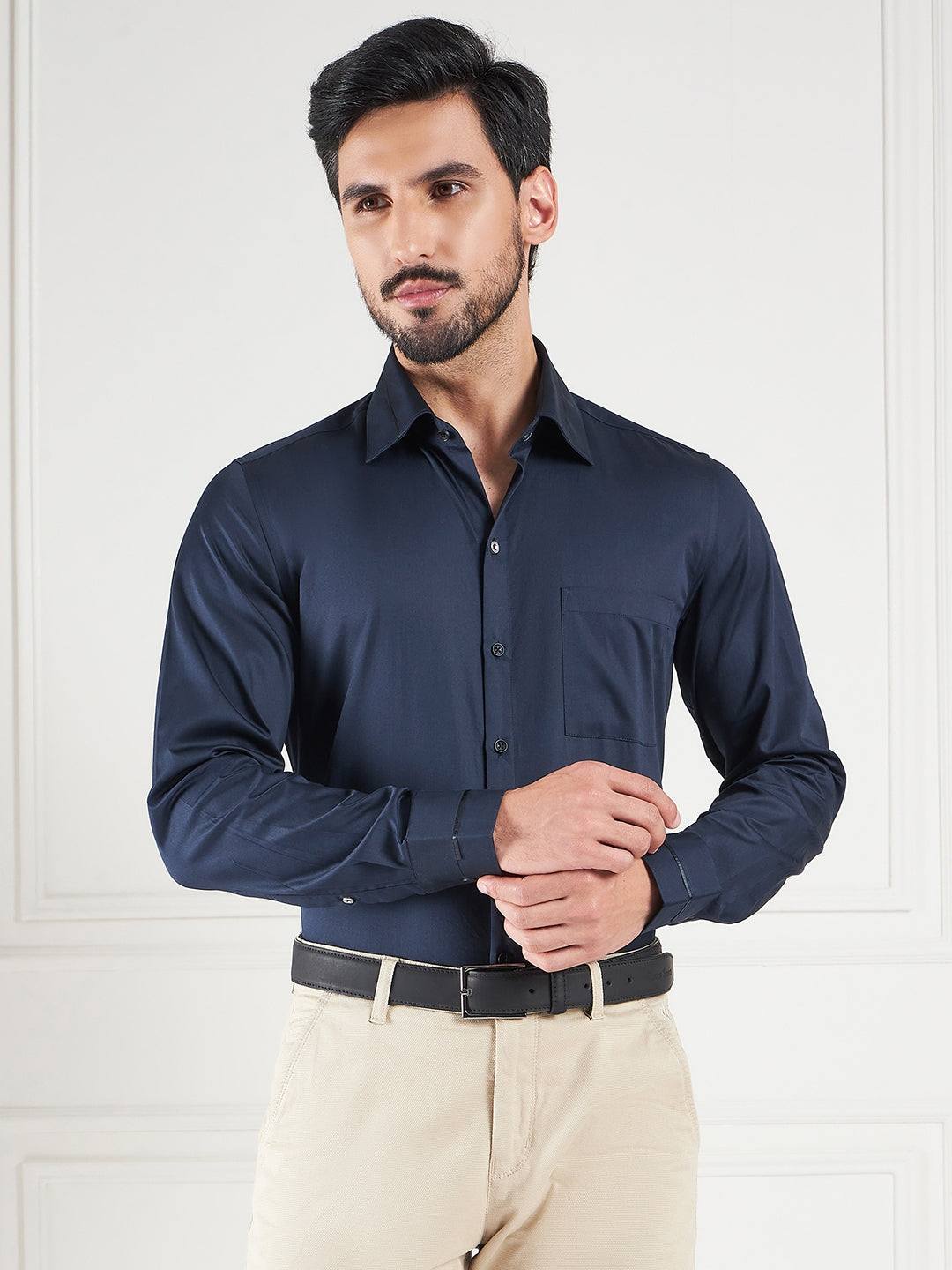 Regular Fit Solid Navy Blue Shirt For Men