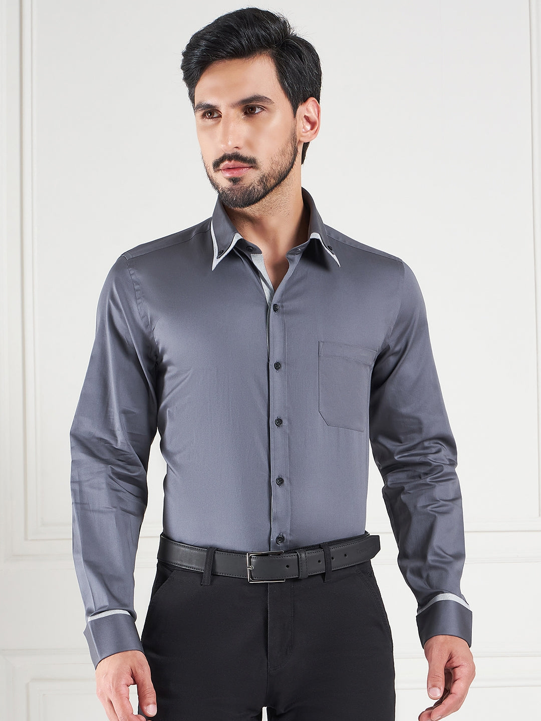 Regular Fit Solid Grey Shirt For Men