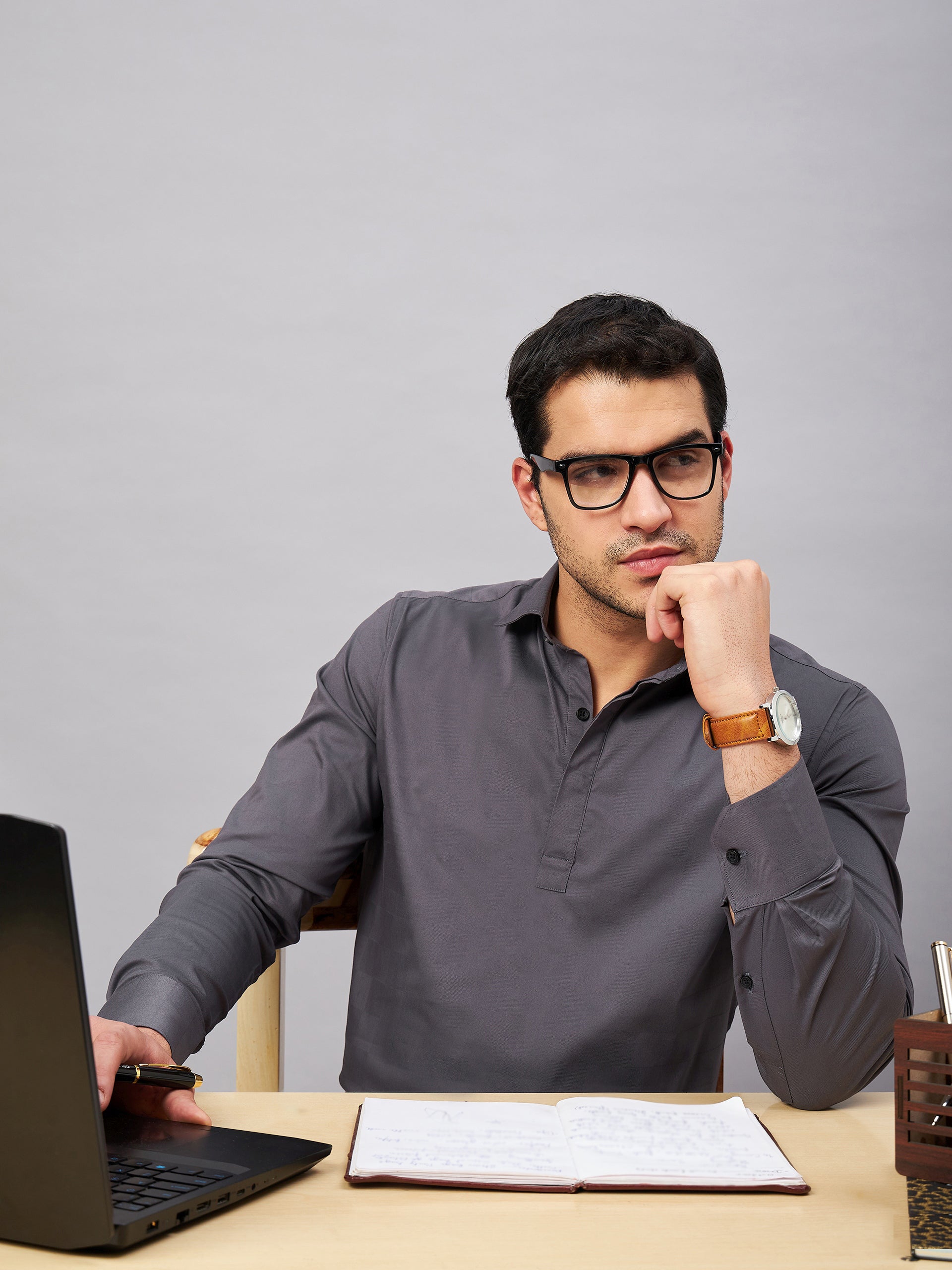 Regular Fit Semi Formal Solid Grey Shirt For Men