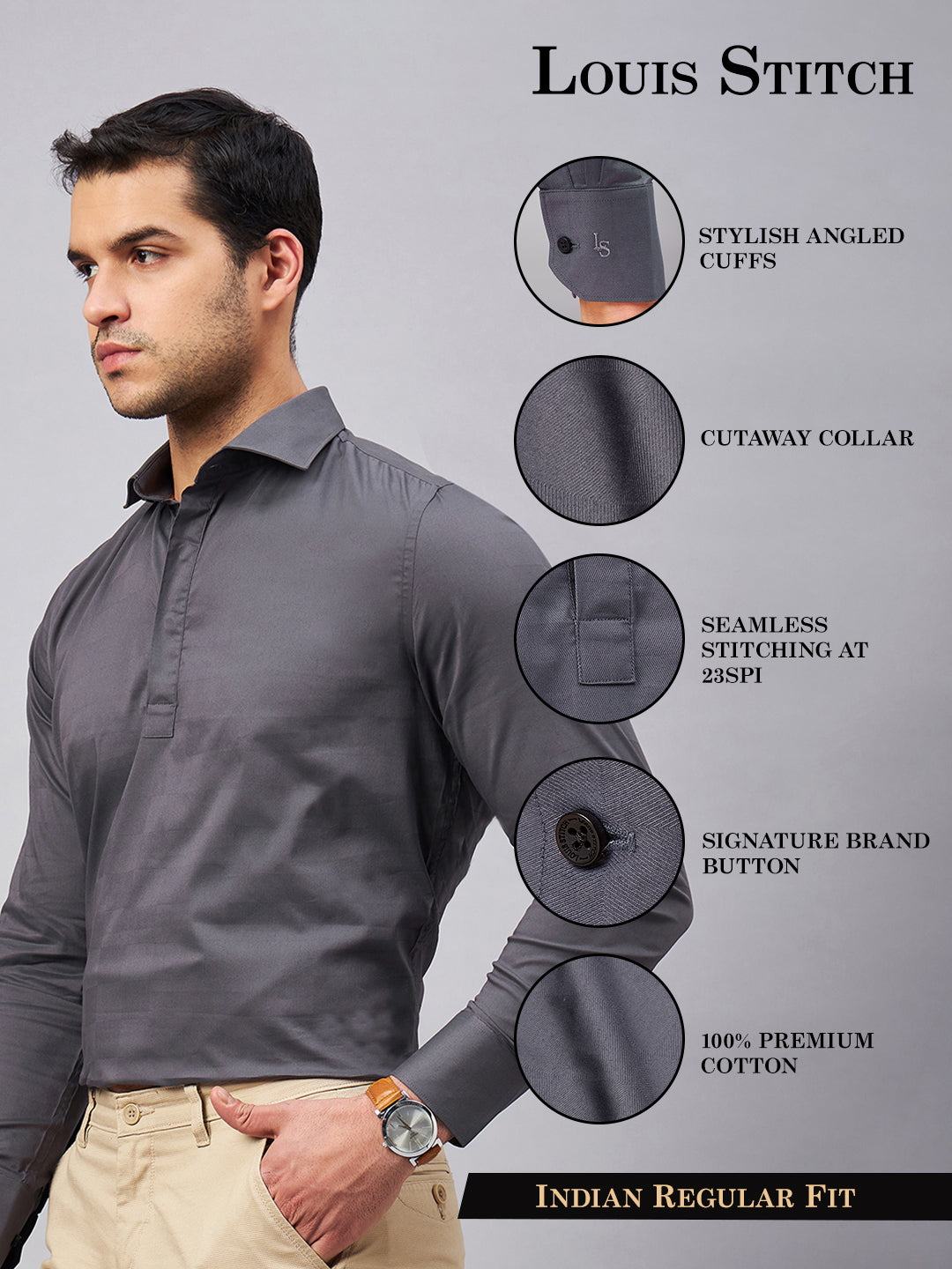 Regular Fit Semi Formal Solid Grey Shirt For Men