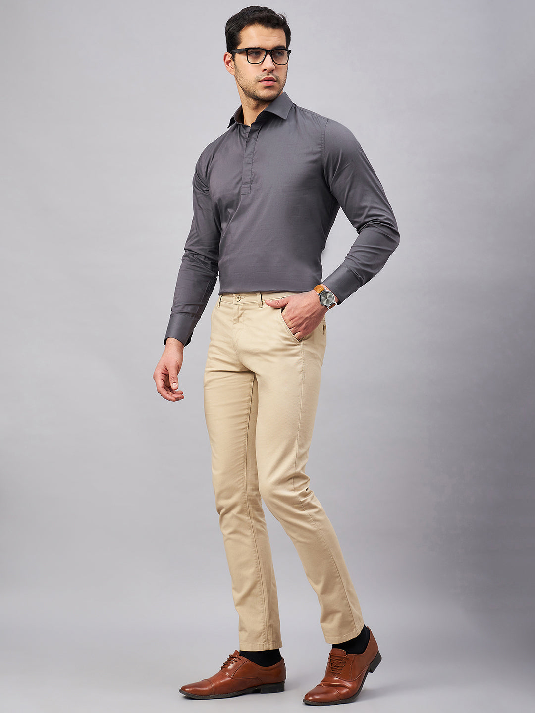 Regular Fit Semi Formal Solid Grey Shirt For Men