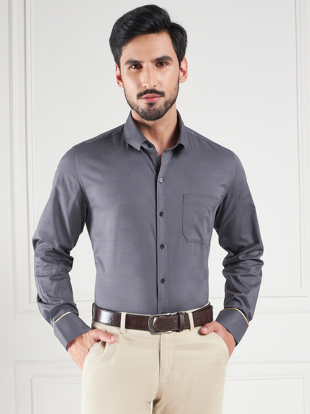 Regular Fit Solid Grey Shirt For Men