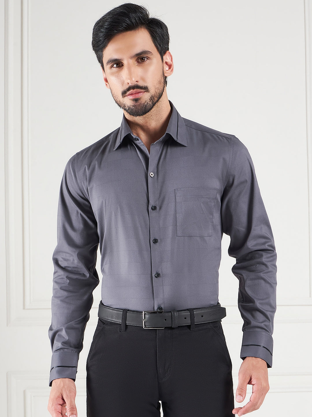 Regular Fit Solid Grey Shirt For Men