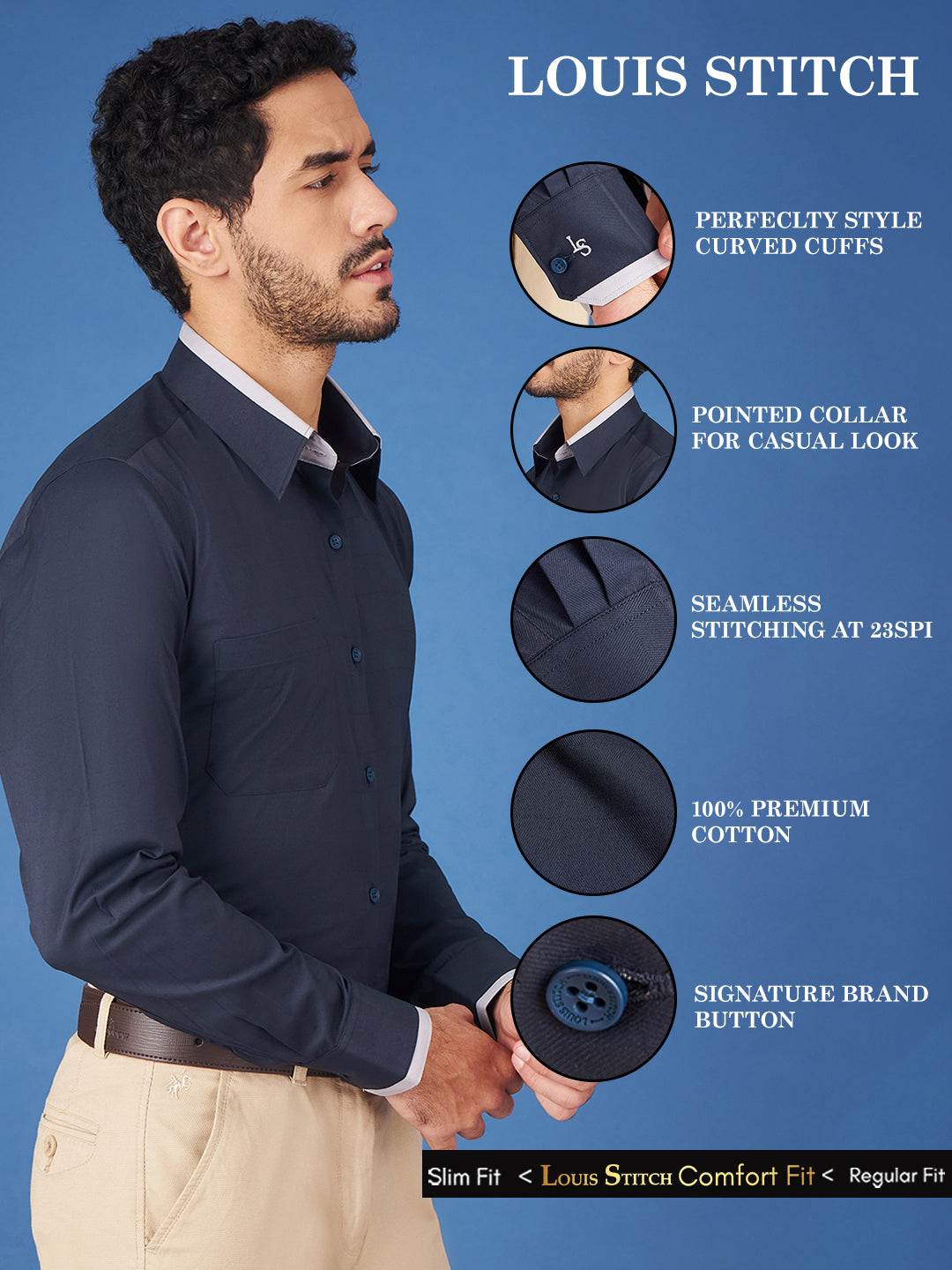 Regular Fit Formal Textured Navy Blue Shirt For Men