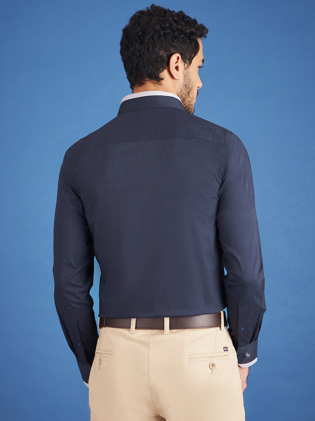 Regular Fit Formal Textured Navy Blue Shirt For Men