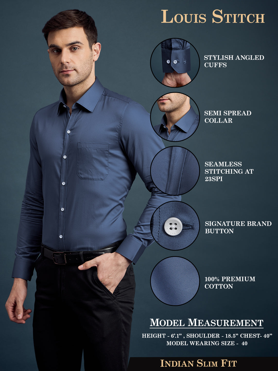 Men's Slim Fit Solid Steel Blue Formal Shirt