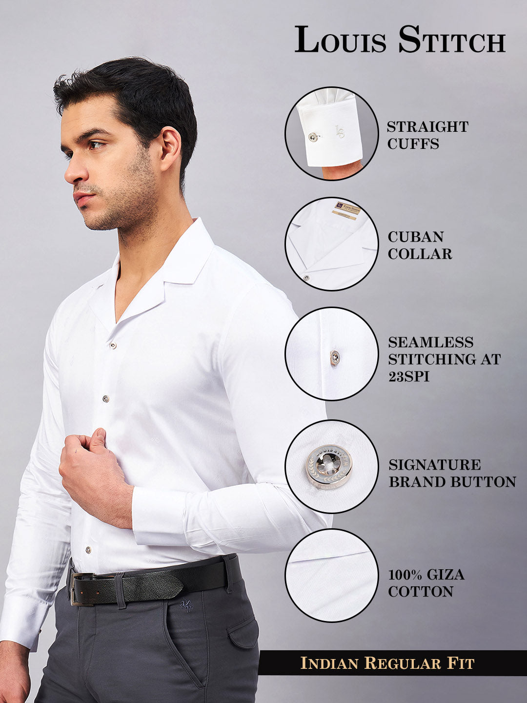 Regular Fit Cuban Collar Geometric White Shirt For Men
