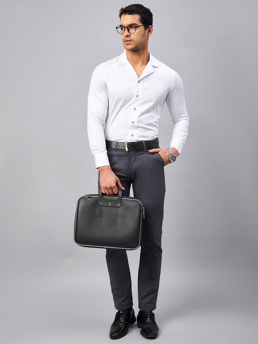 Regular Fit Cuban Collar Geometric White Shirt For Men