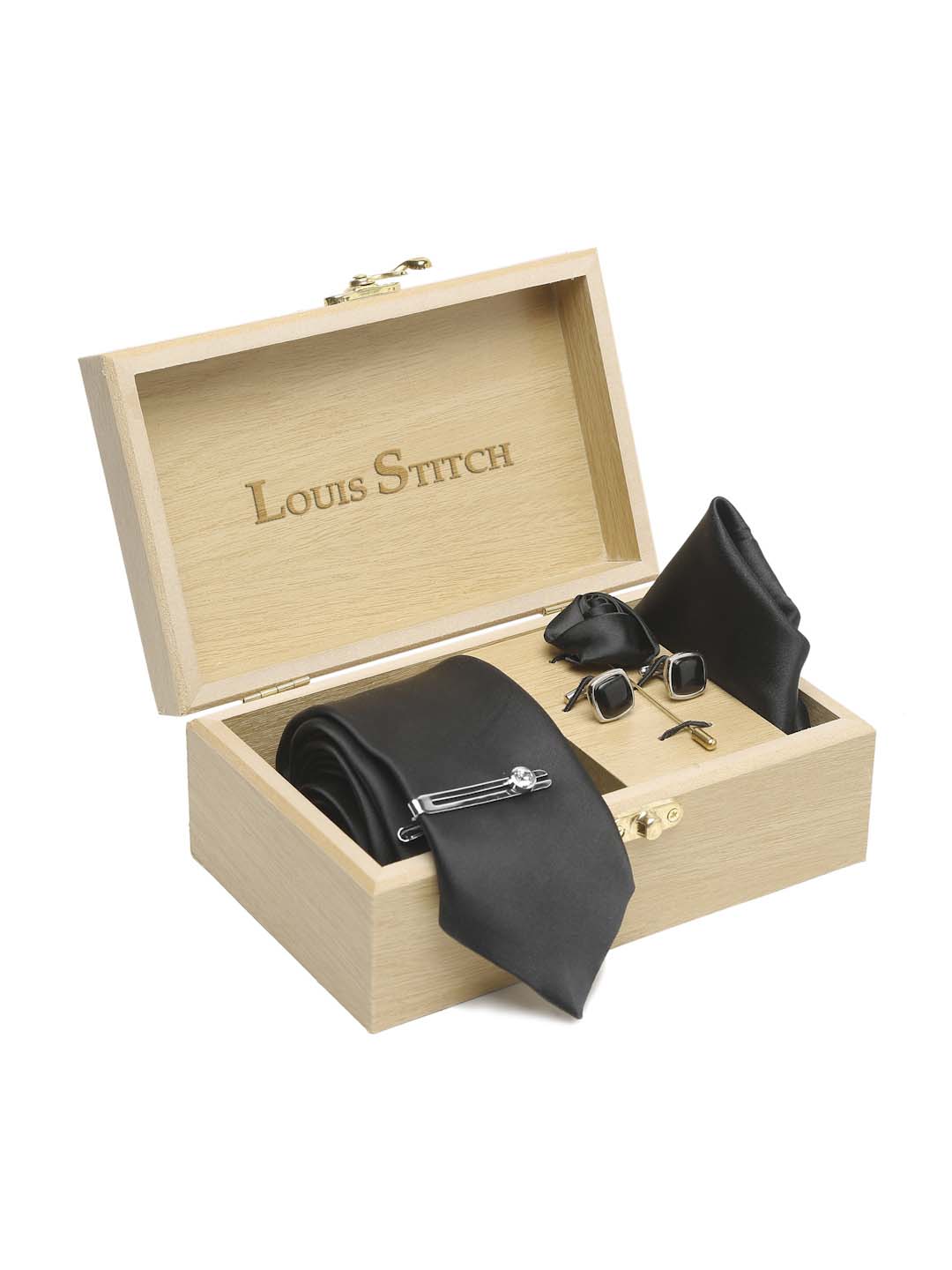 Black Luxury Italian Silk Necktie Set With Pocket Square Cufflinks Brooch Chrome Tie pin