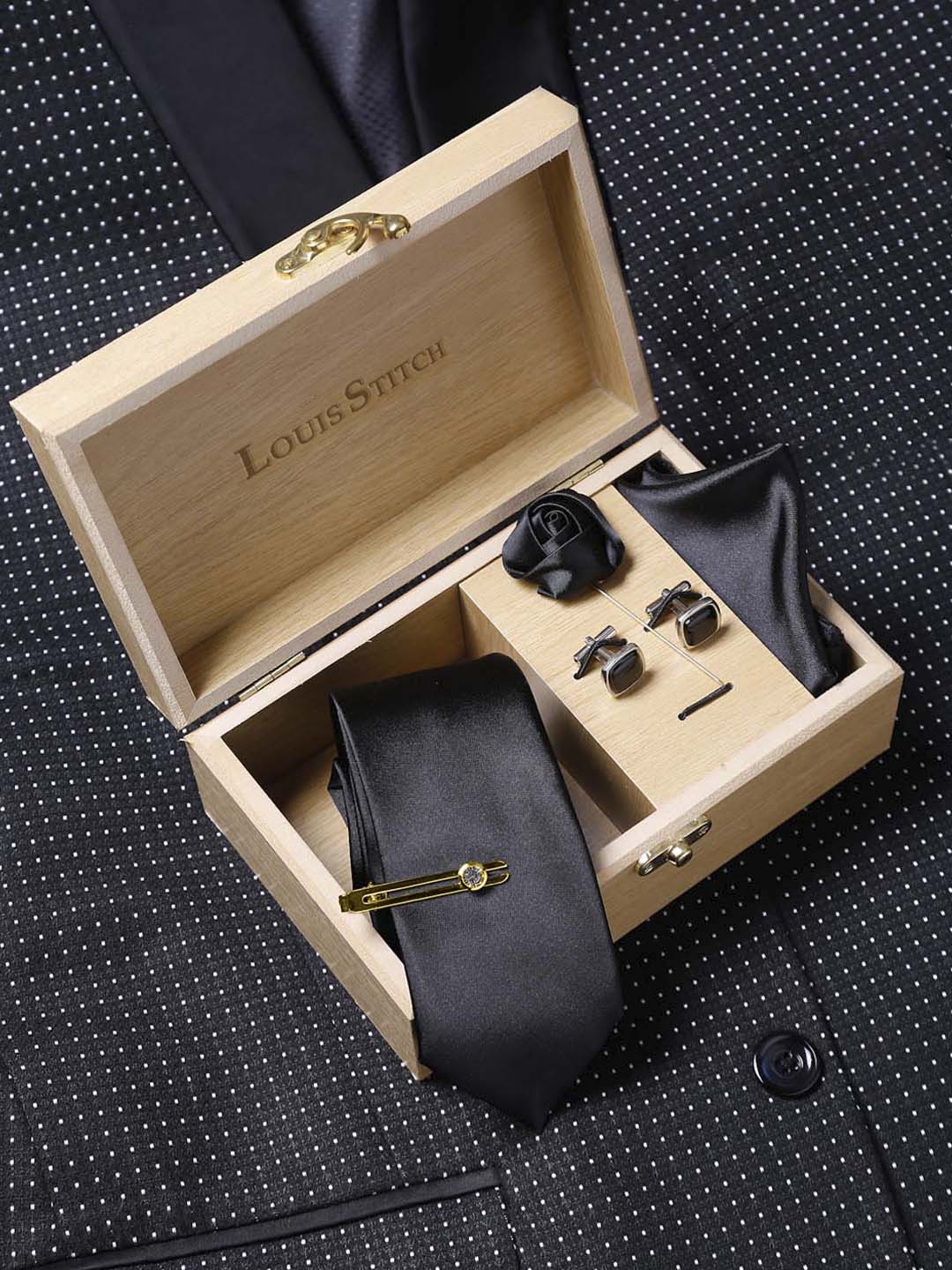 Black Luxury Italian Silk Necktie Set With Pocket Square Cufflinks Brooch Gold Tie pin