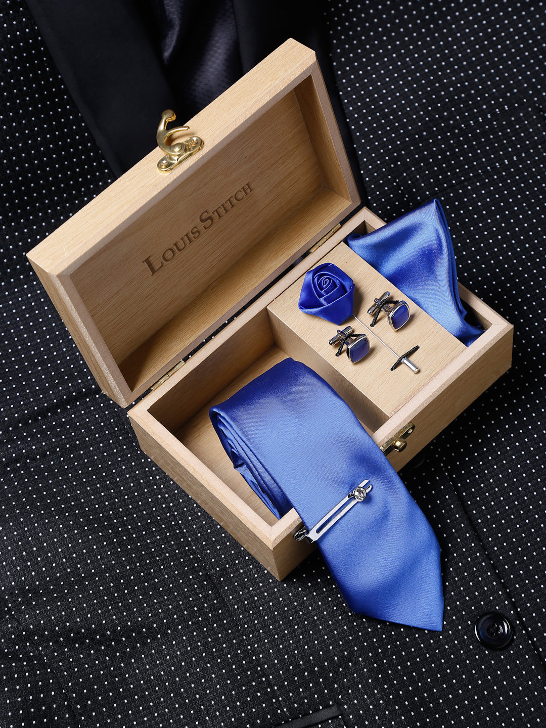 Blue Luxury Italian Silk Necktie Set With Pocket Square Cufflinks Brooch Chrome Tie pin