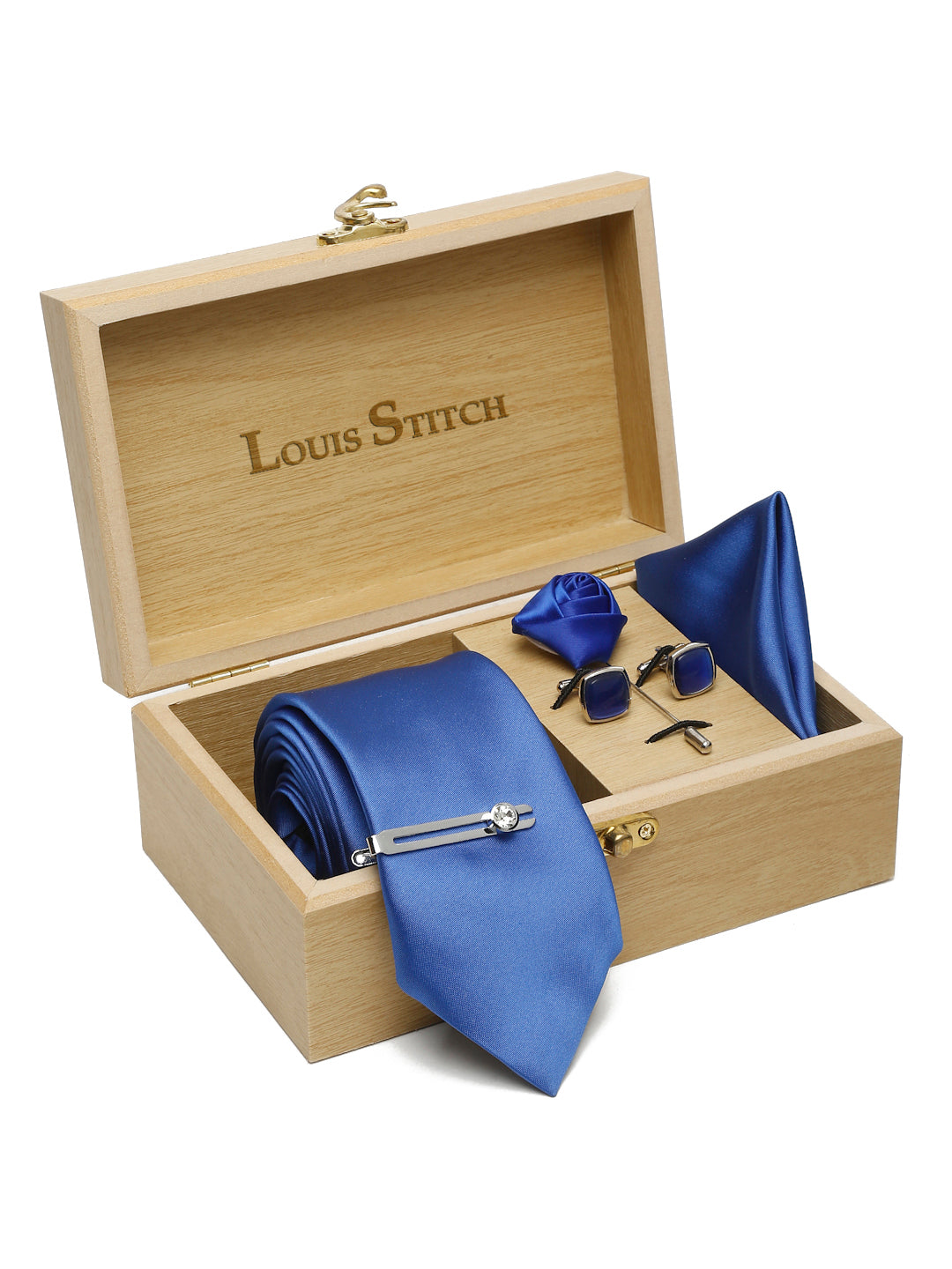 Blue Luxury Italian Silk Necktie Set With Pocket Square Cufflinks Brooch Chrome Tie pin