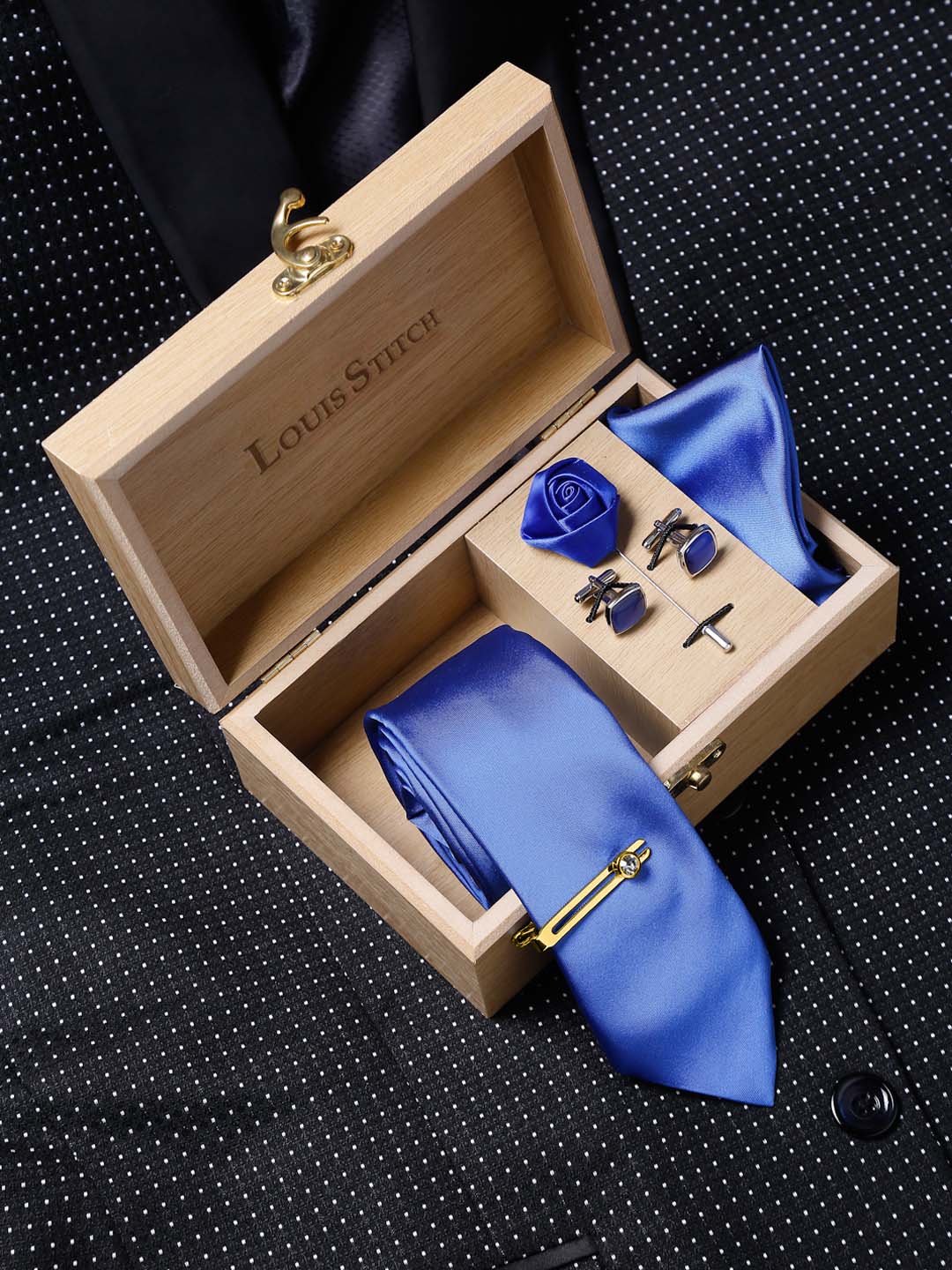 Blue Luxury Italian Silk Necktie Set With Pocket Square Cufflinks Brooch Gold Tie pin