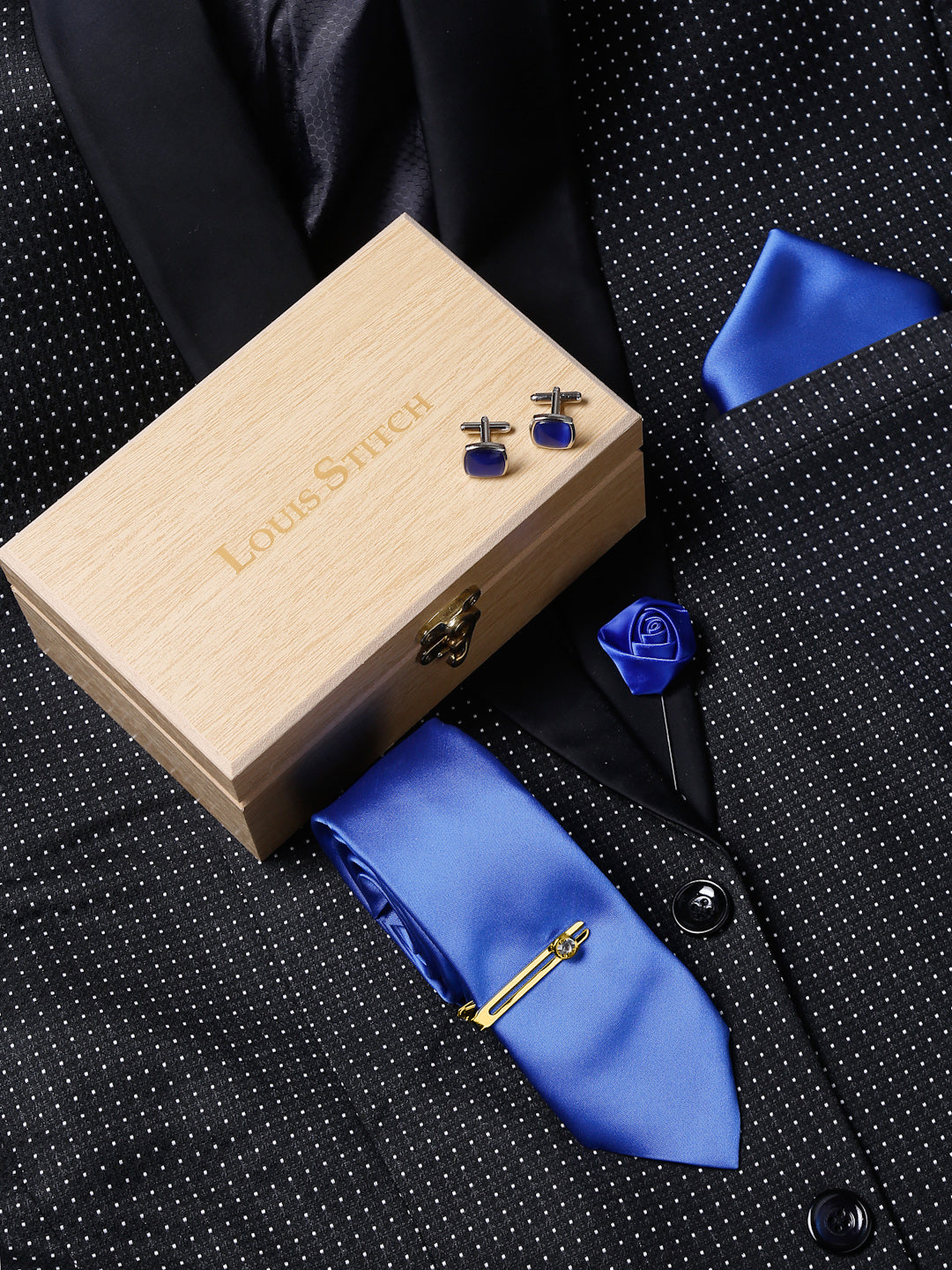 Blue Luxury Italian Silk Necktie Set With Pocket Square Cufflinks Brooch Gold Tie pin