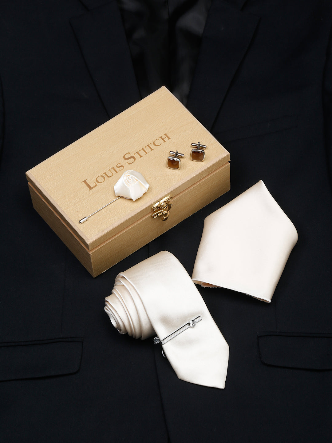 Cream Luxury Italian Silk Necktie Set With Pocket Square Cufflinks Brooch Chrome Tie pin