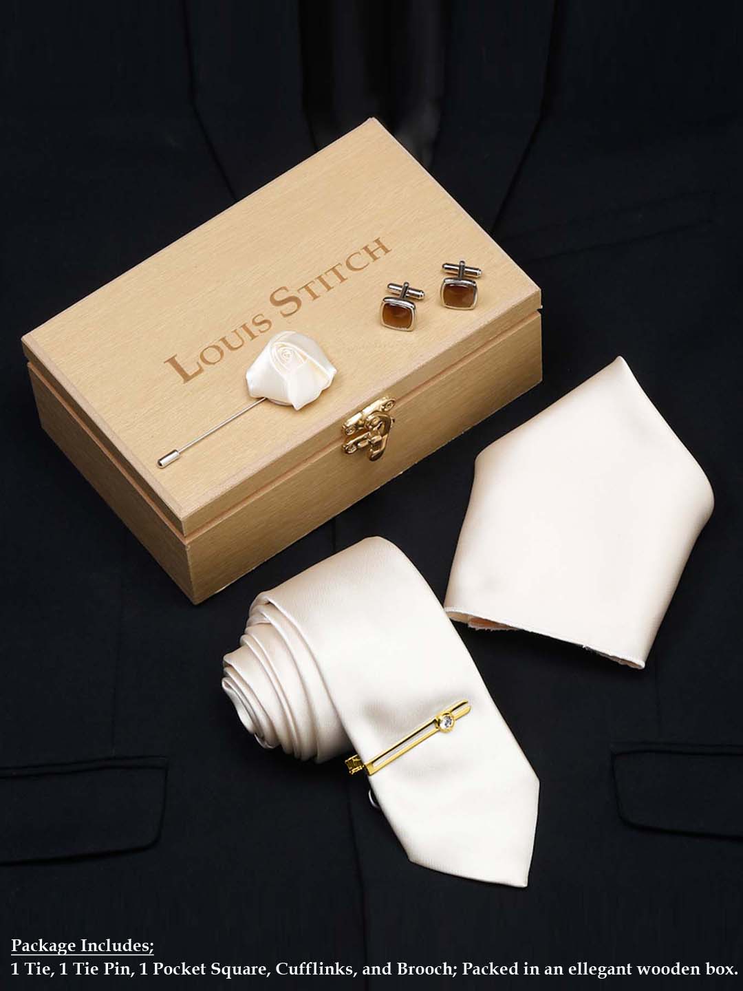 Cream Luxury Italian Silk Necktie Set With Pocket Square Cufflinks Brooch Gold Tie pin