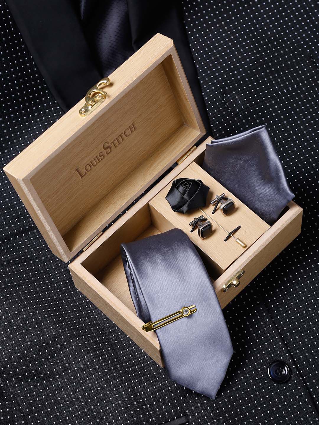 Grey Luxury Italian Silk Necktie Set With Pocket Square Cufflinks Brooch Gold Tie pin