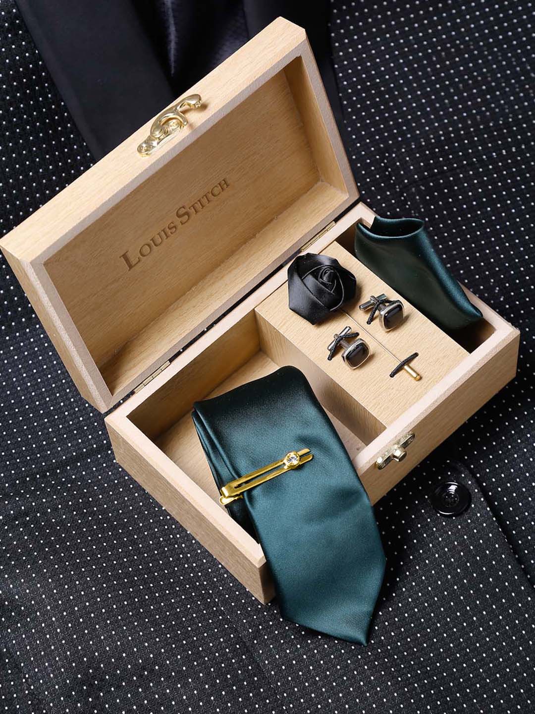 Green Luxury Italian Silk Necktie Set With Pocket Square Cufflinks Brooch Gold Tie pin
