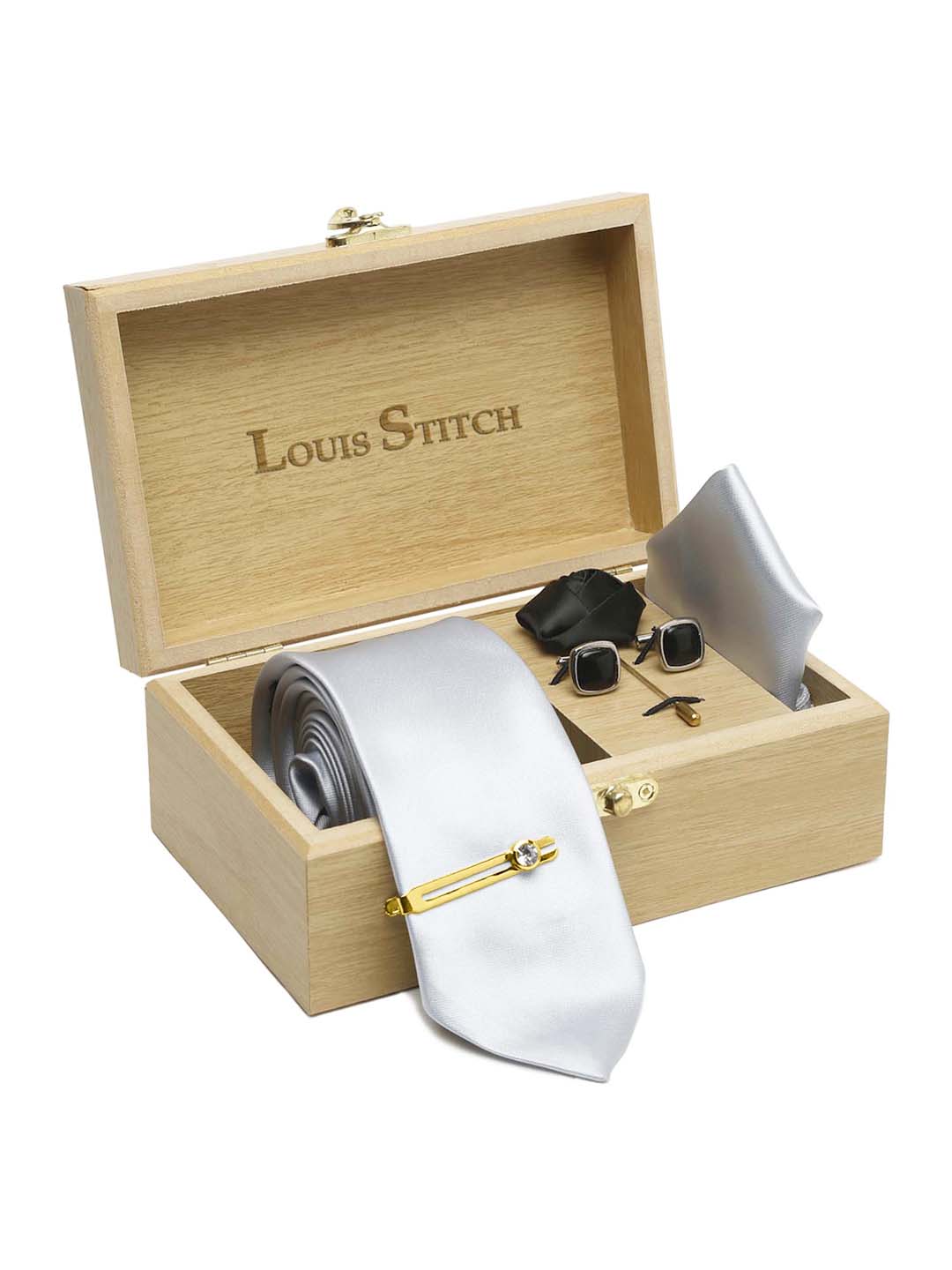 Silver Luxury Italian Silk Necktie Set With Pocket Square Cufflinks Brooch Gold Tie pin