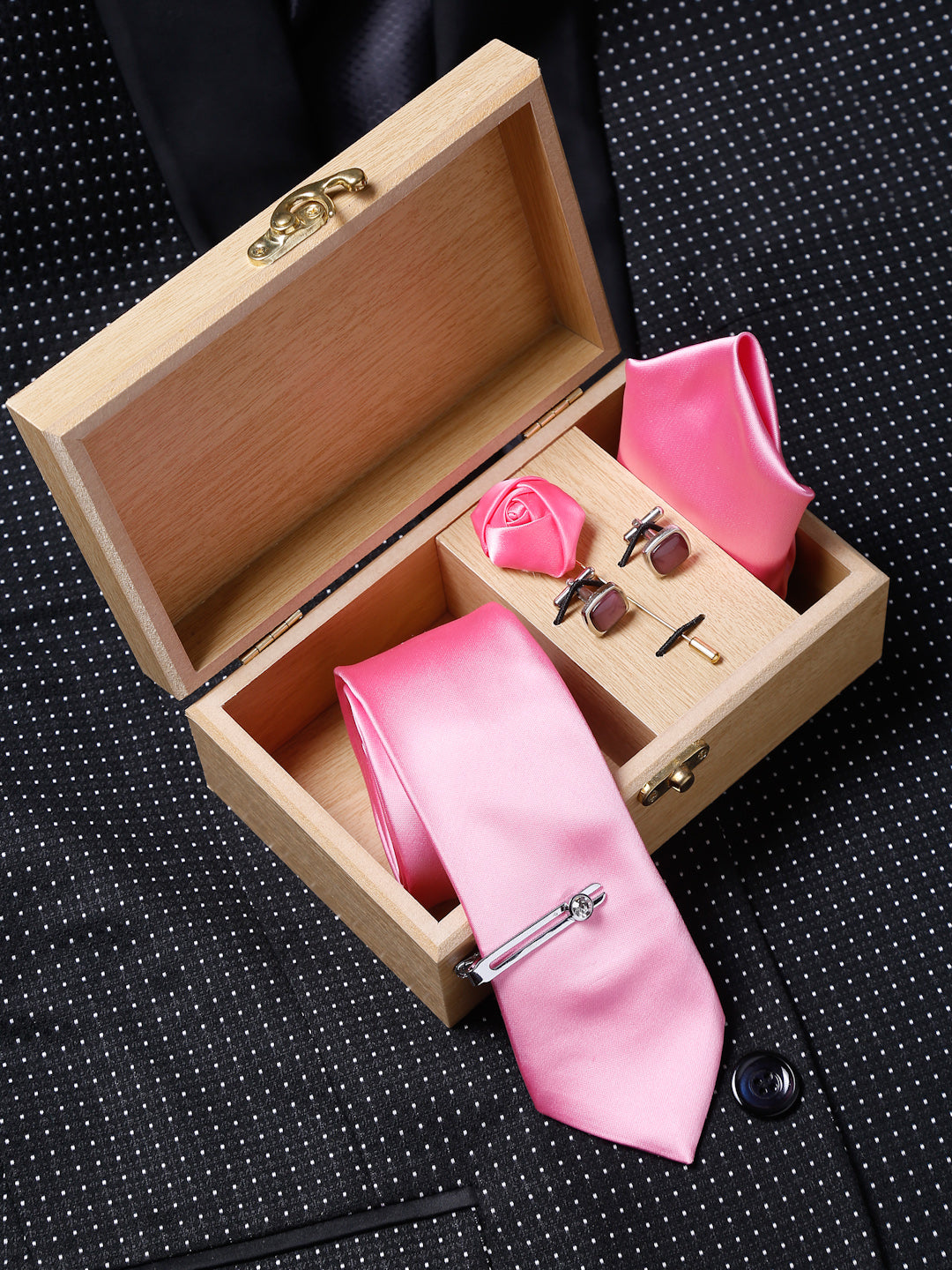 Pink Luxury Italian Silk Necktie Set With Pocket Square Cufflinks Brooch Chrome Tie pin
