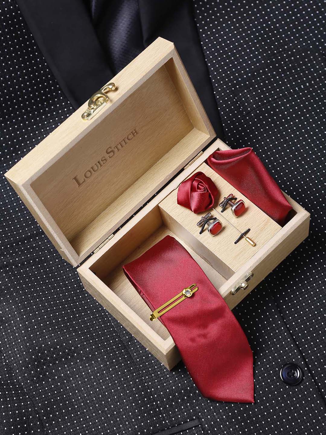Clear Luxury Italian Silk Necktie Set With Pocket Square Cufflinks Brooch Gold Tie pin