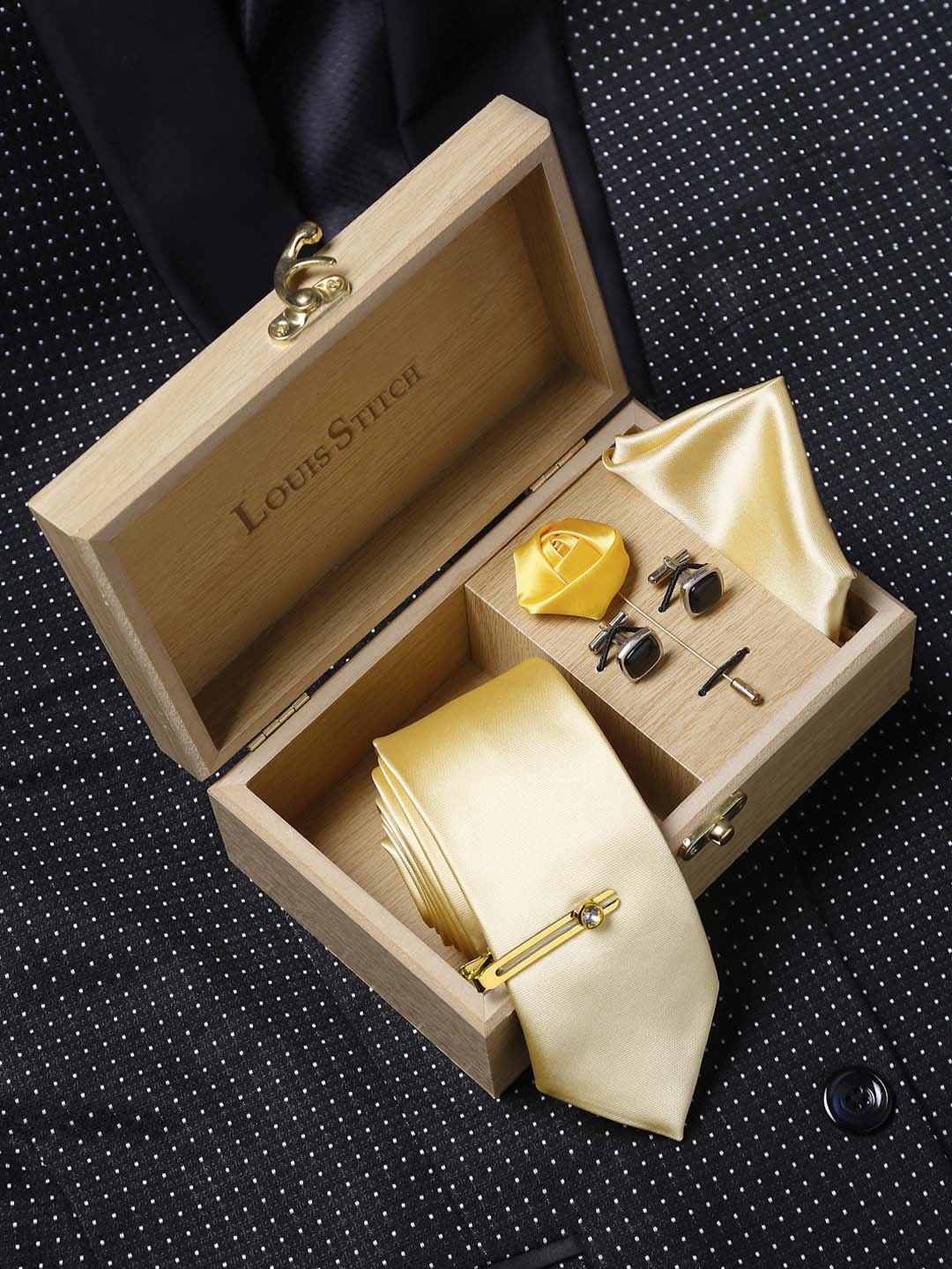 Yellow Luxury Italian Silk Necktie Set With Pocket Square Cufflinks Brooch Gold Tie pin
