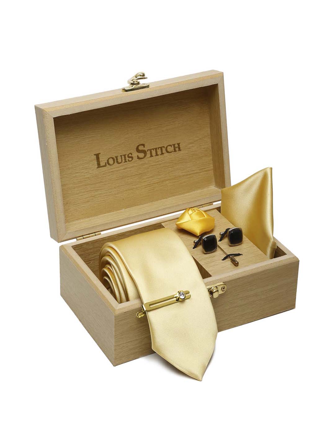 Yellow Luxury Italian Silk Necktie Set With Pocket Square Cufflinks Brooch Gold Tie pin