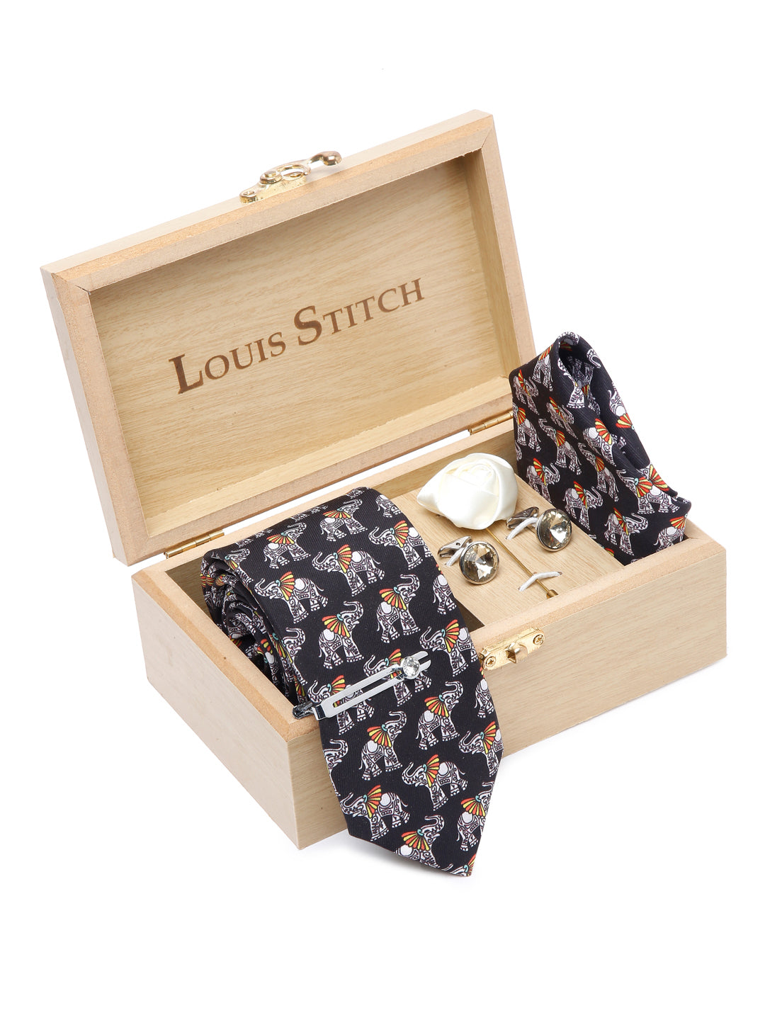 Raven Black Luxury Italian Silk Necktie Set With Pocket Square Cufflinks Brooch Chrome Tie pin