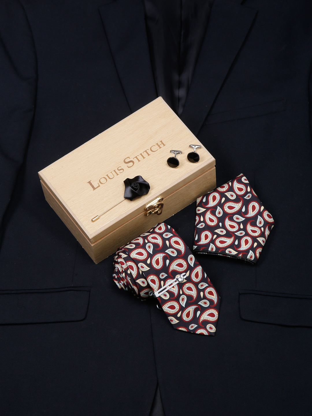 Sable Black Luxury Italian Silk Necktie Set With Pocket Square Cufflinks Brooch Chrome Tie pin