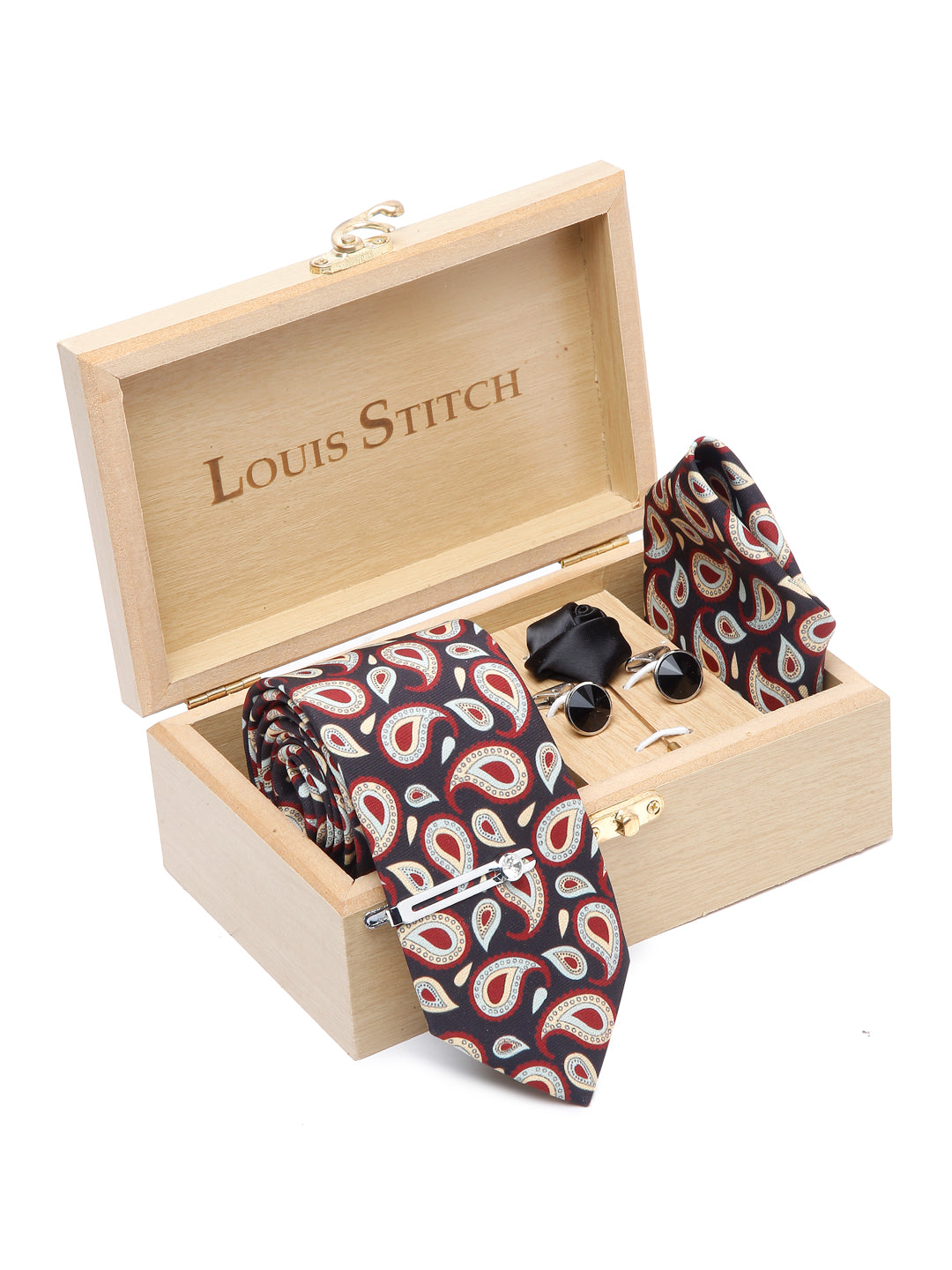 Sable Black Luxury Italian Silk Necktie Set With Pocket Square Cufflinks Brooch Chrome Tie pin