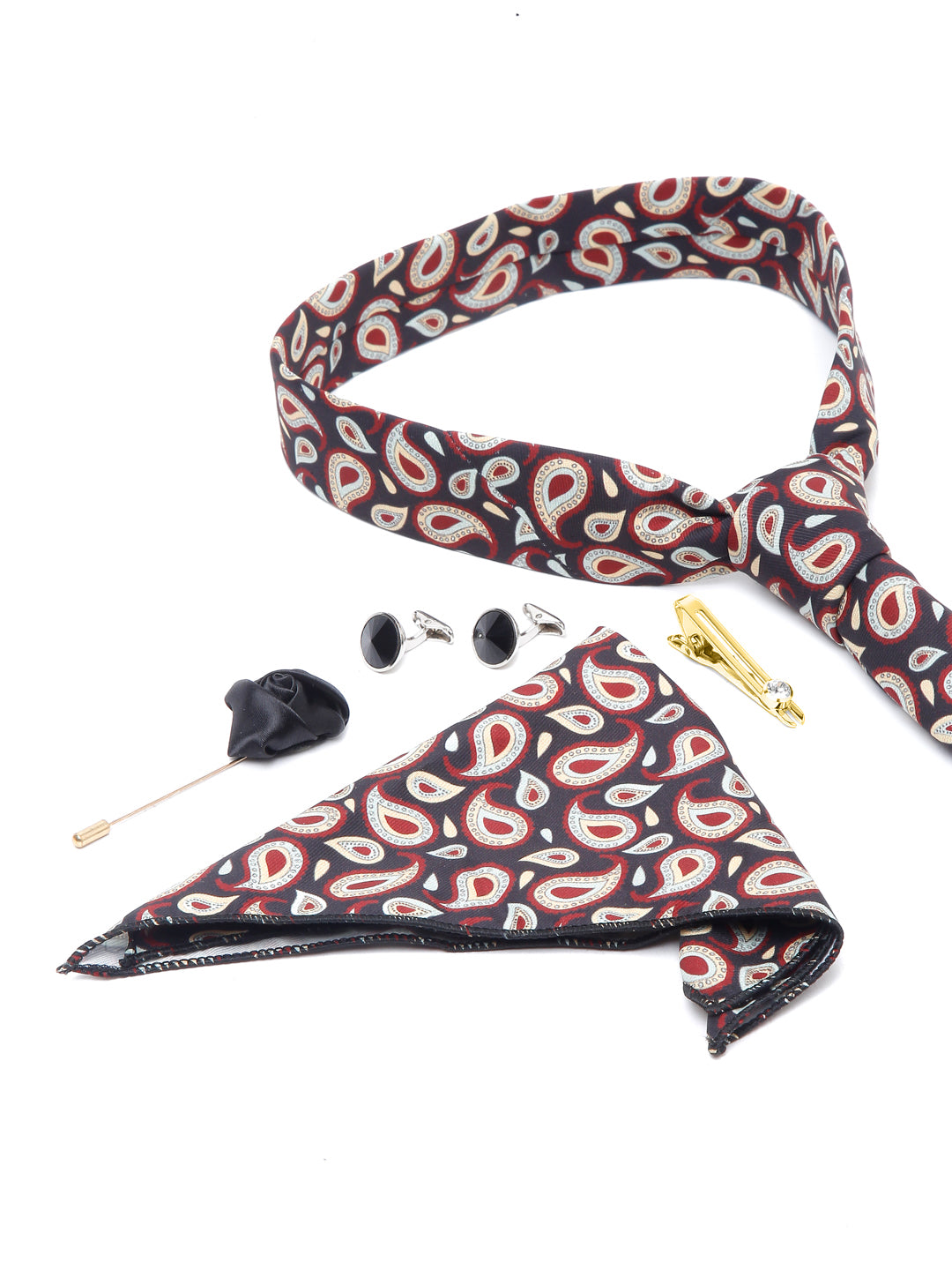 Sable Black Luxury Italian Silk Necktie Set With Pocket Square Cufflinks Brooch Gold Tie pin