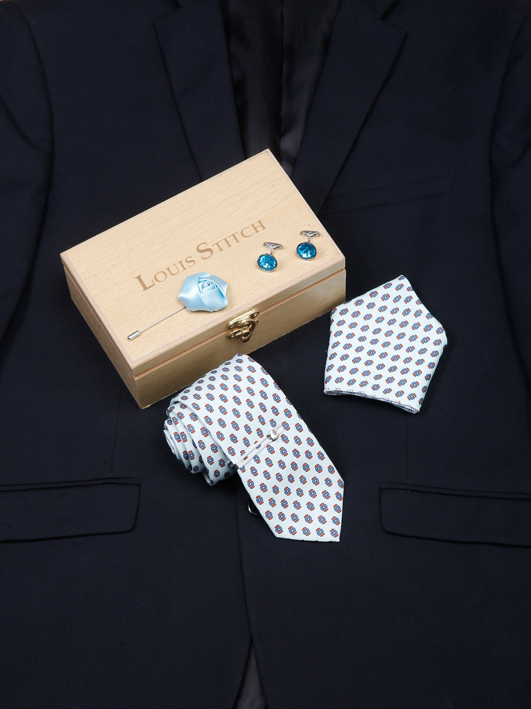 Electric Blue Luxury Italian Silk Necktie Set With Pocket Square Cufflinks Brooch Chrome Tie pin