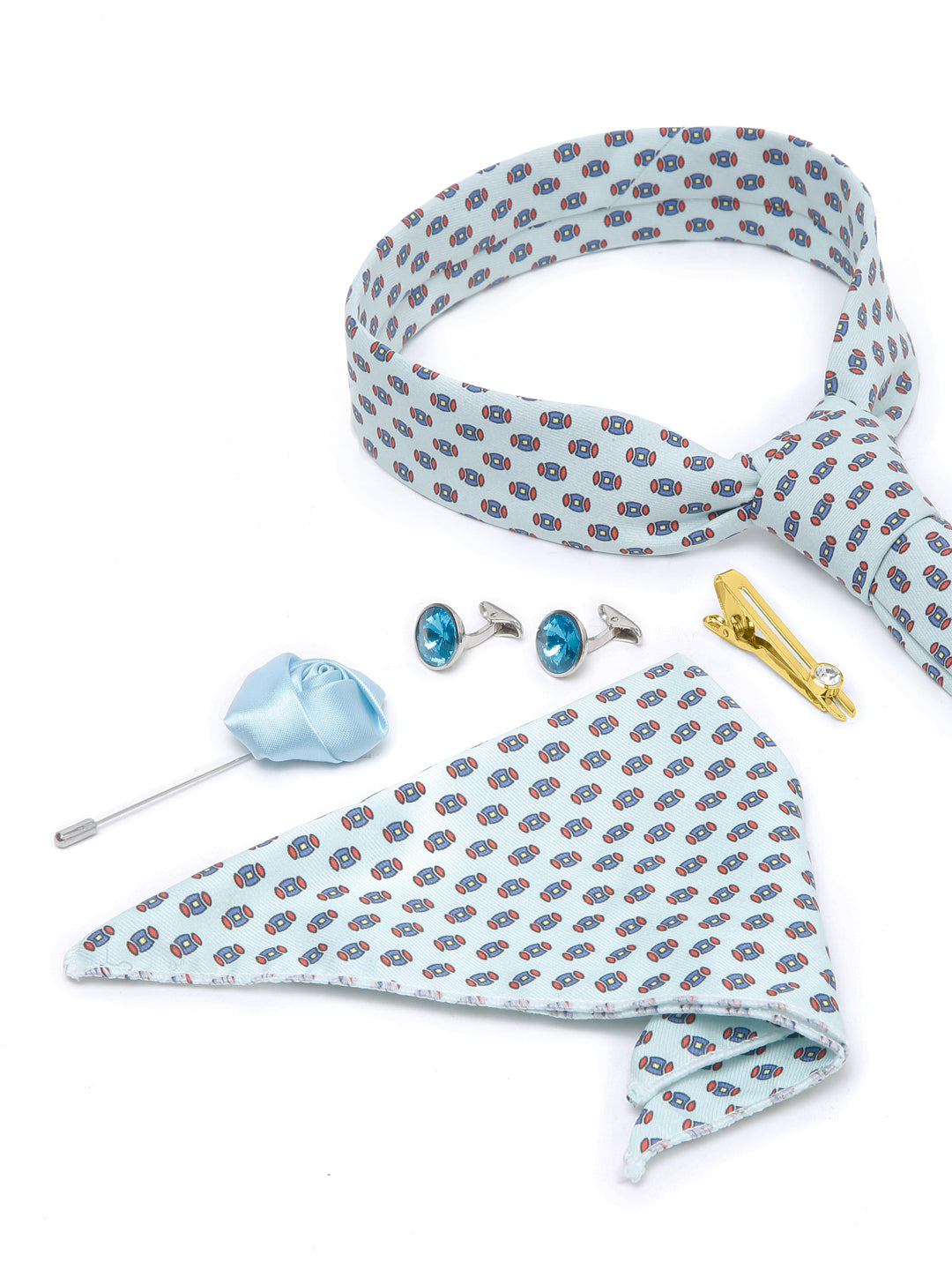 Electric Blue Luxury Italian Silk Necktie Set With Pocket Square Cufflinks Brooch Gold Tie pin