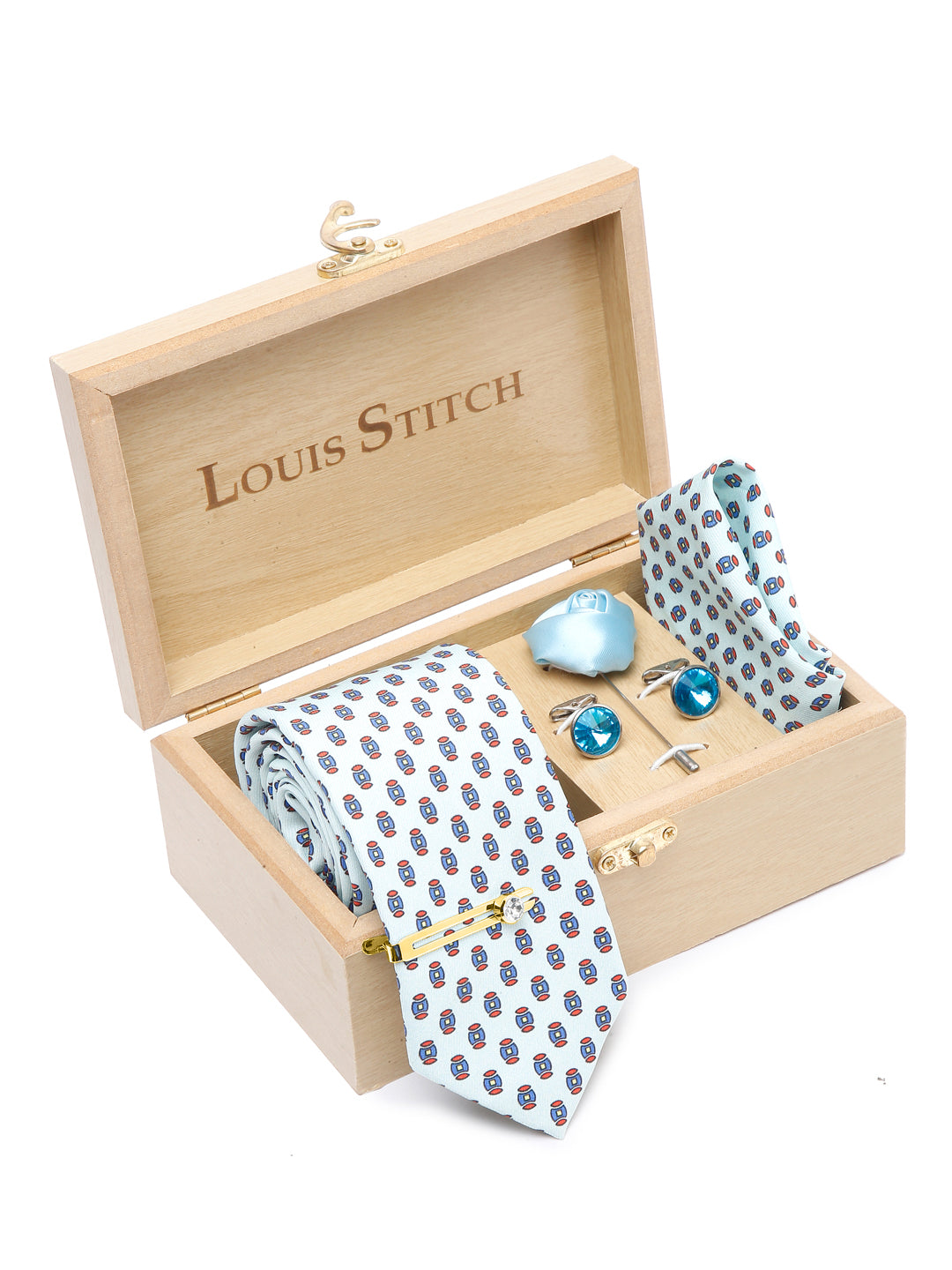 Electric Blue Luxury Italian Silk Necktie Set With Pocket Square Cufflinks Brooch Gold Tie pin