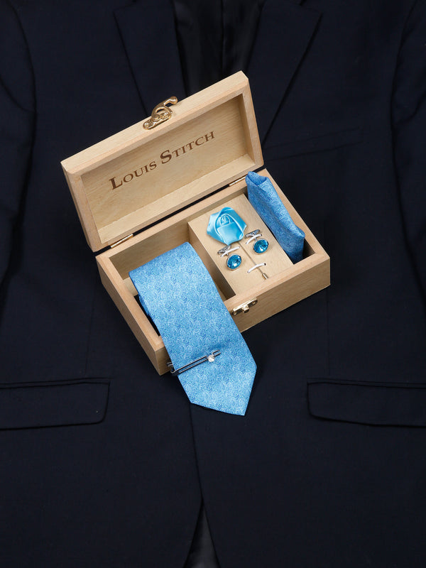 Maya Blue Luxury Italian Silk Necktie Set With Pocket Square Cufflinks Brooch Chrome Tie pin