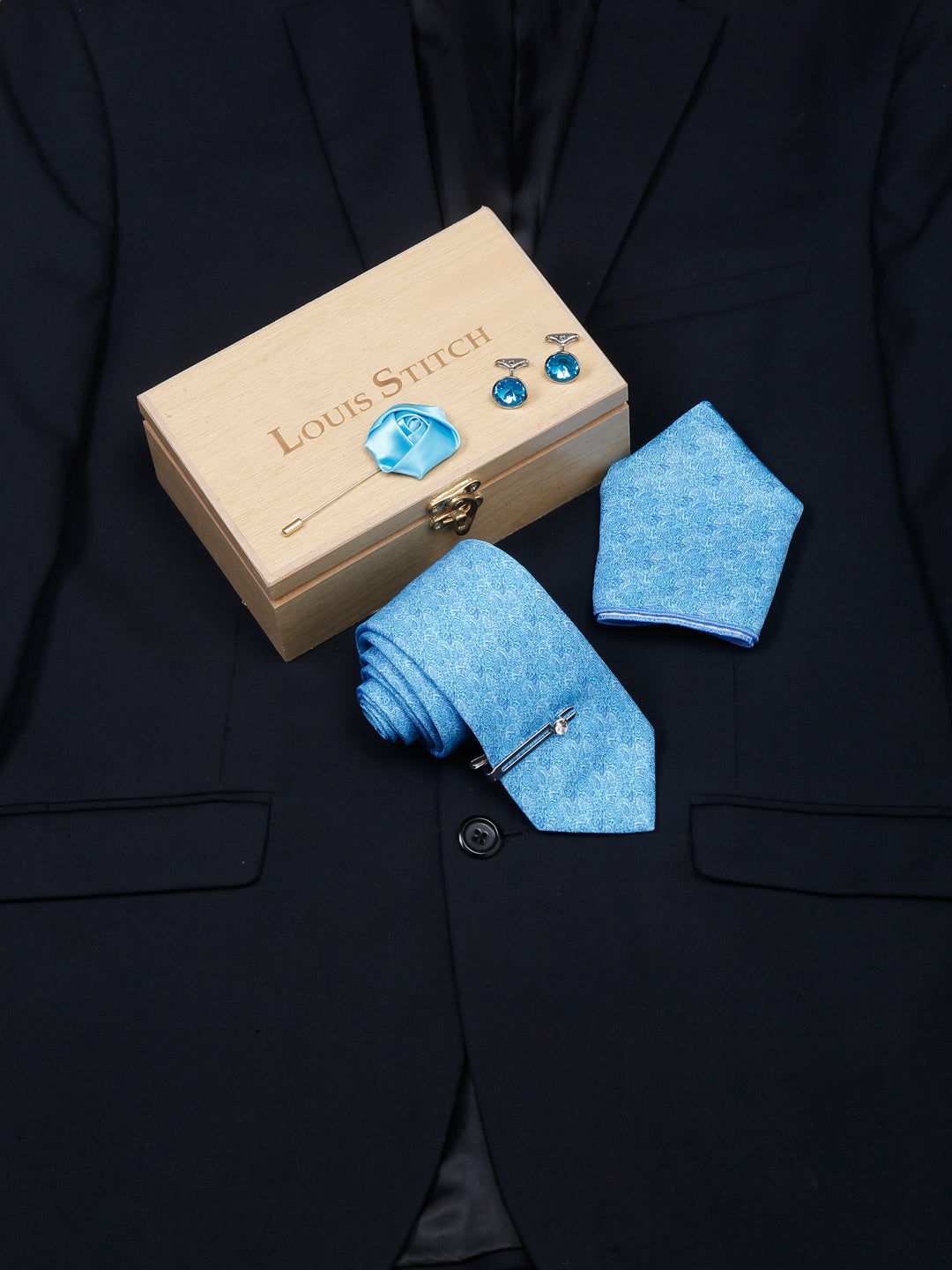 Maya Blue Luxury Italian Silk Necktie Set With Pocket Square Cufflinks Brooch Chrome Tie pin