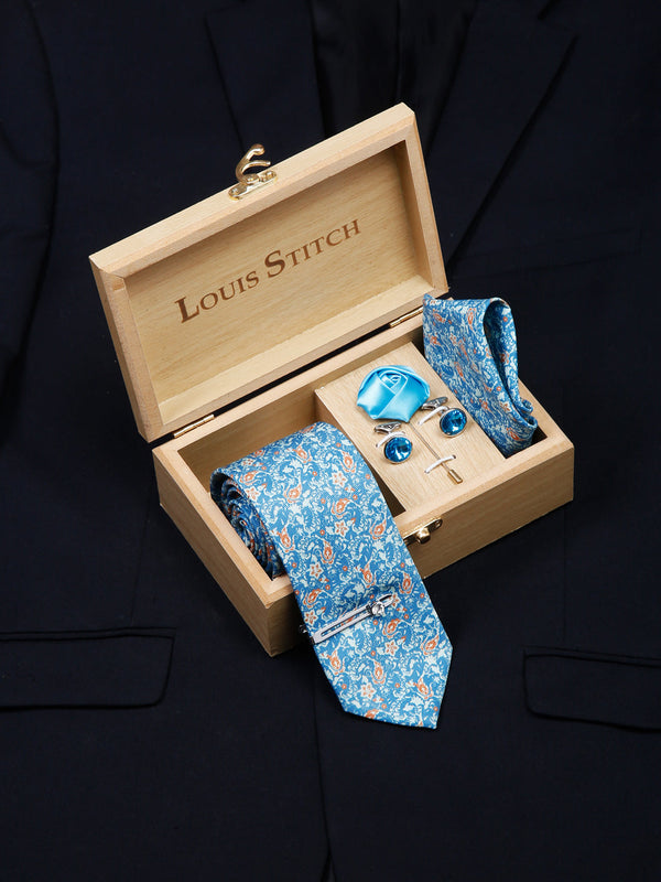 Baby Blue Luxury Italian Silk Necktie Set With Pocket Square Cufflinks Brooch Chrome Tie pin
