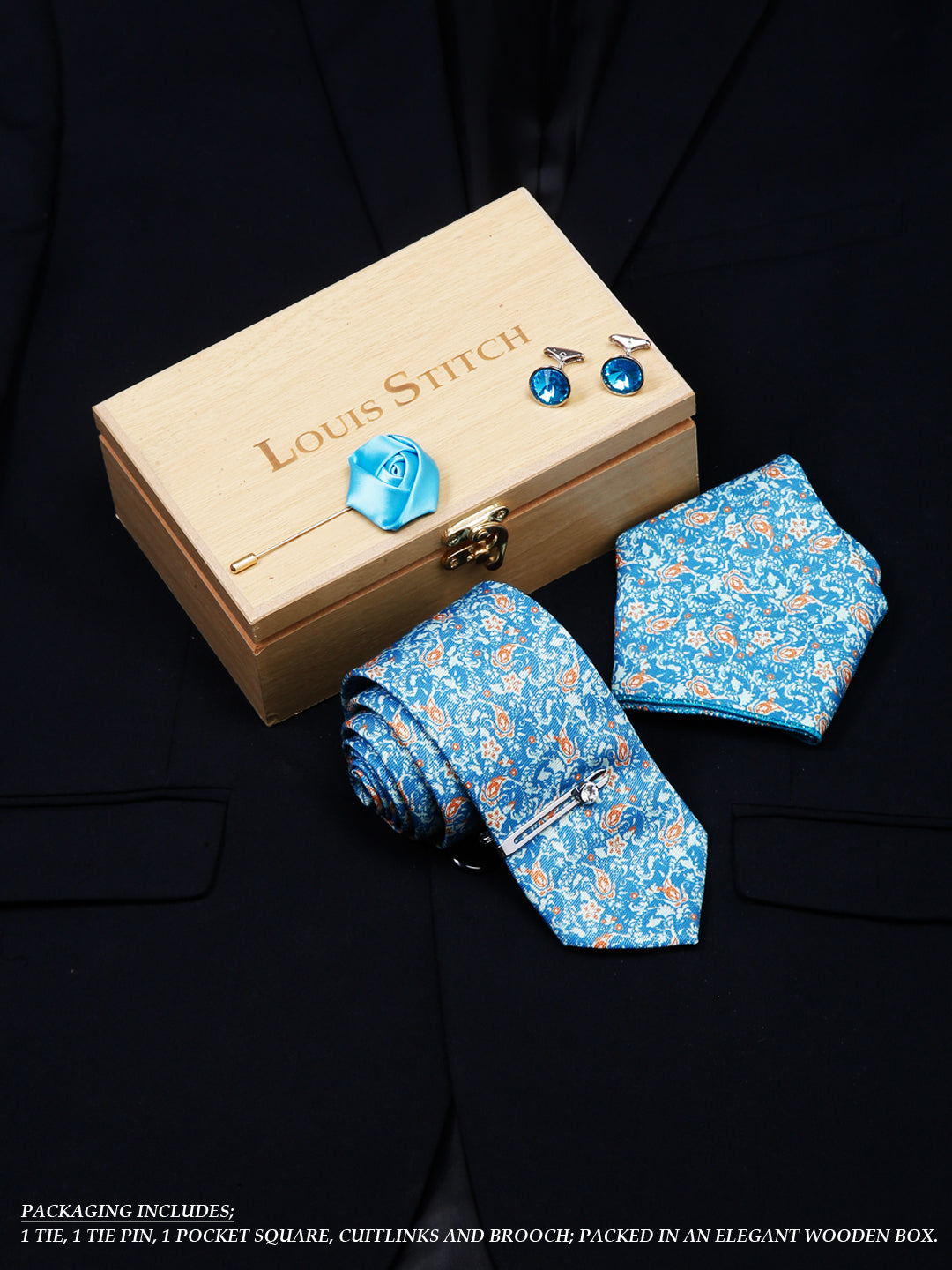 Baby Blue Luxury Italian Silk Necktie Set With Pocket Square Cufflinks Brooch Chrome Tie pin