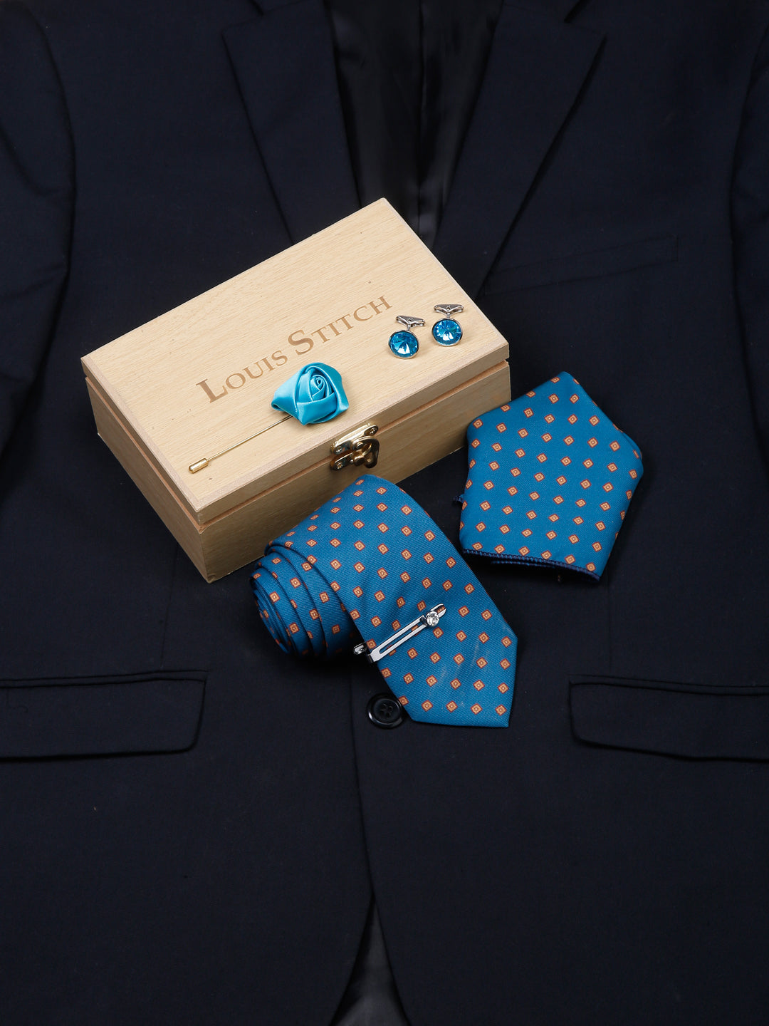 Cerulean Blue Luxury Italian Silk Necktie Set With Pocket Square Cufflinks Brooch Chrome Tie pin