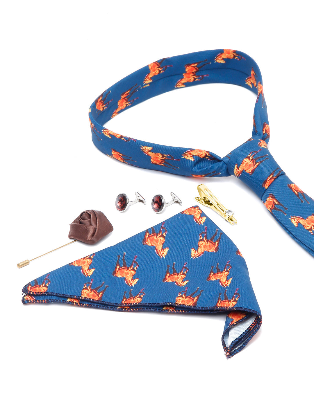 Sapphire Blue Luxury Italian Silk Necktie Set With Pocket Square Cufflinks Brooch Gold Tie pin