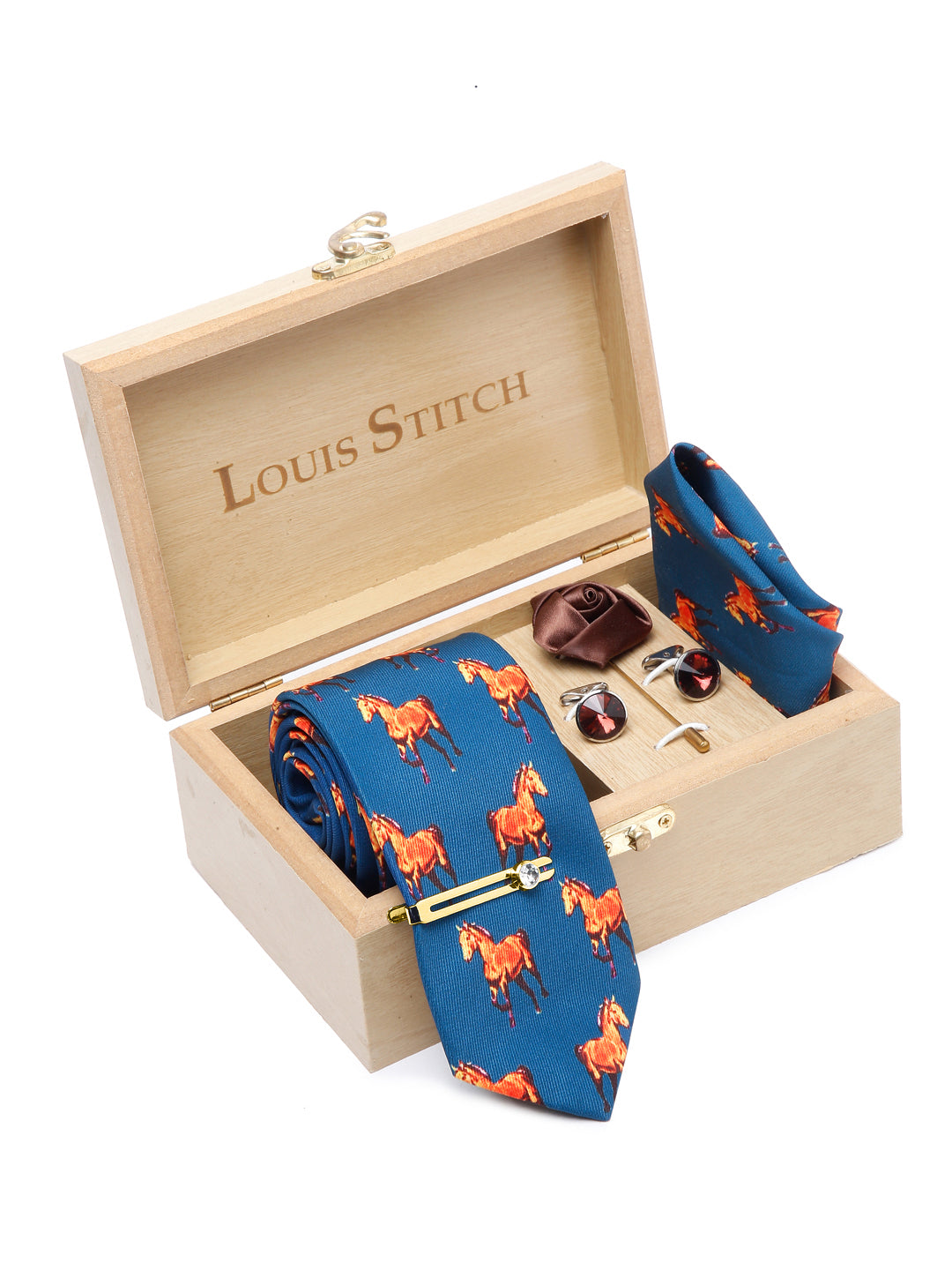 Sapphire Blue Luxury Italian Silk Necktie Set With Pocket Square Cufflinks Brooch Gold Tie pin