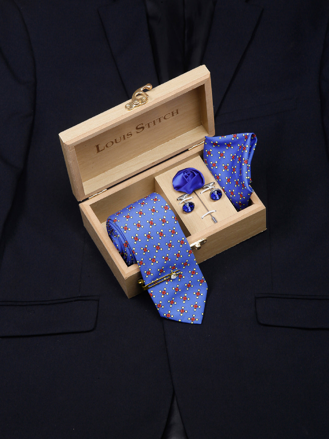Cornflower Blue Luxury Italian Silk Necktie Set With Pocket Square Cufflinks Brooch Gold Tie pin