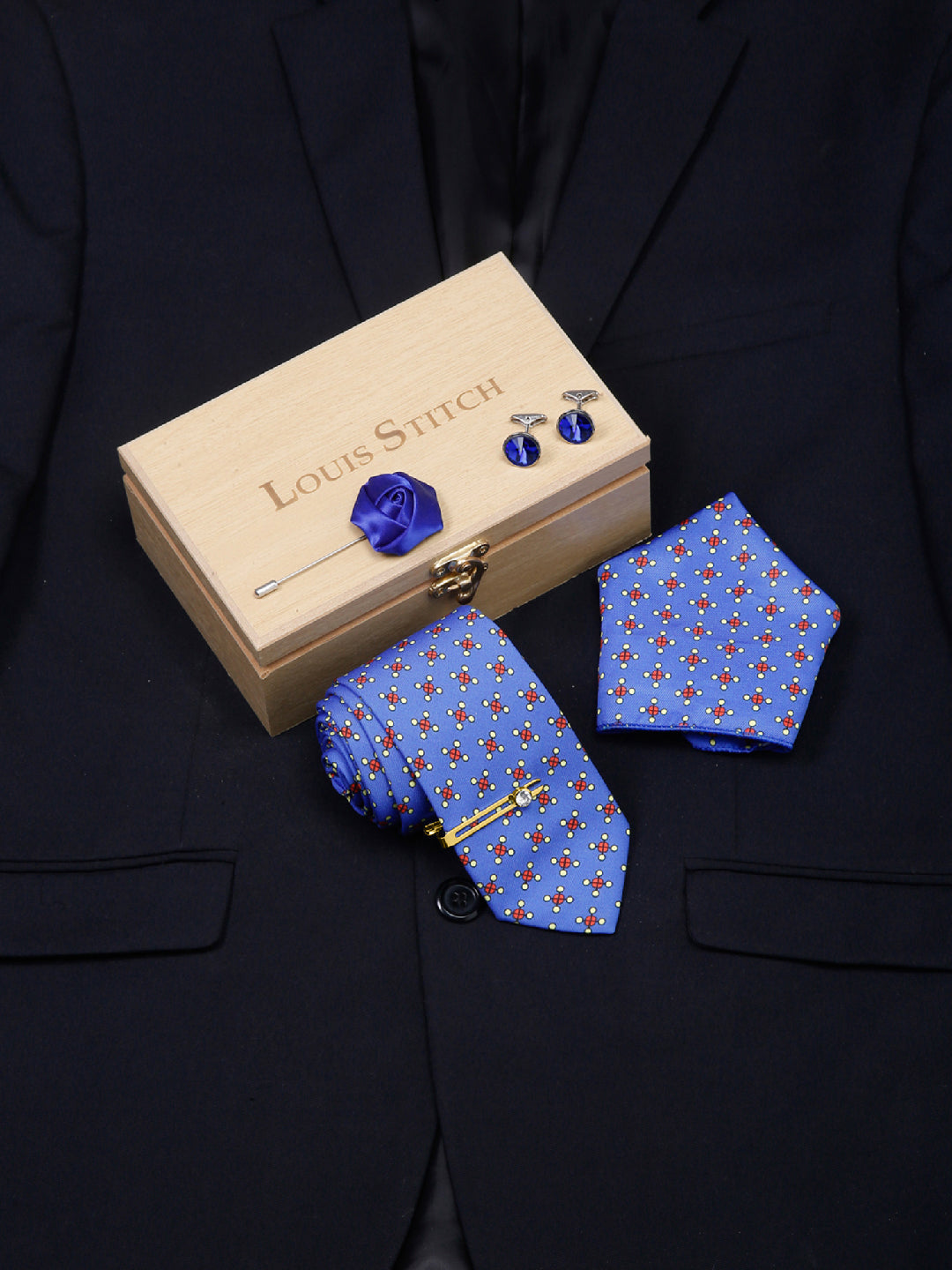 Cornflower Blue Luxury Italian Silk Necktie Set With Pocket Square Cufflinks Brooch Gold Tie pin