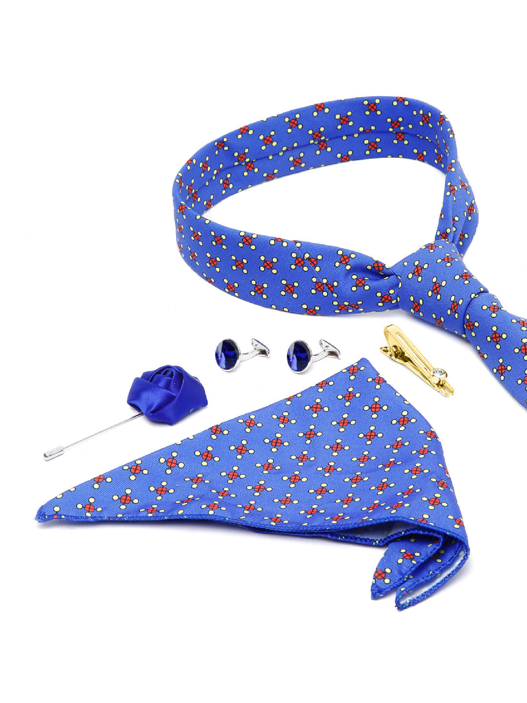 Cornflower Blue Luxury Italian Silk Necktie Set With Pocket Square Cufflinks Brooch Gold Tie pin