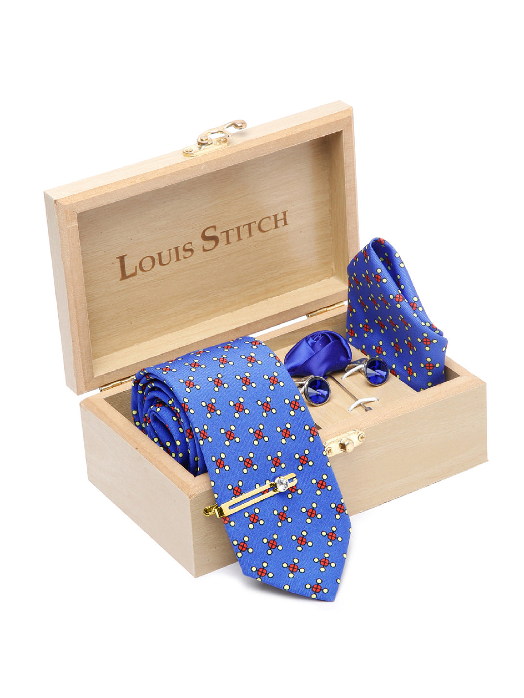 Cornflower Blue Luxury Italian Silk Necktie Set With Pocket Square Cufflinks Brooch Gold Tie pin