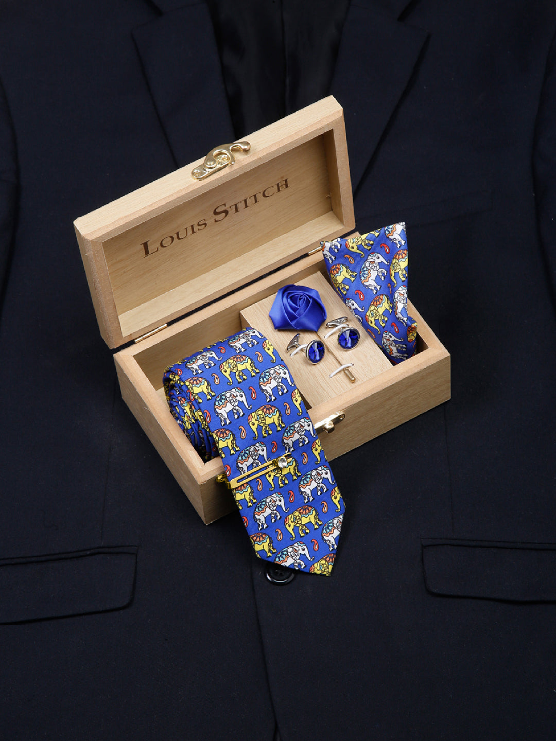 Dodger Blue Luxury Italian Silk Necktie Set With Pocket Square Cufflinks Brooch Gold Tie pin