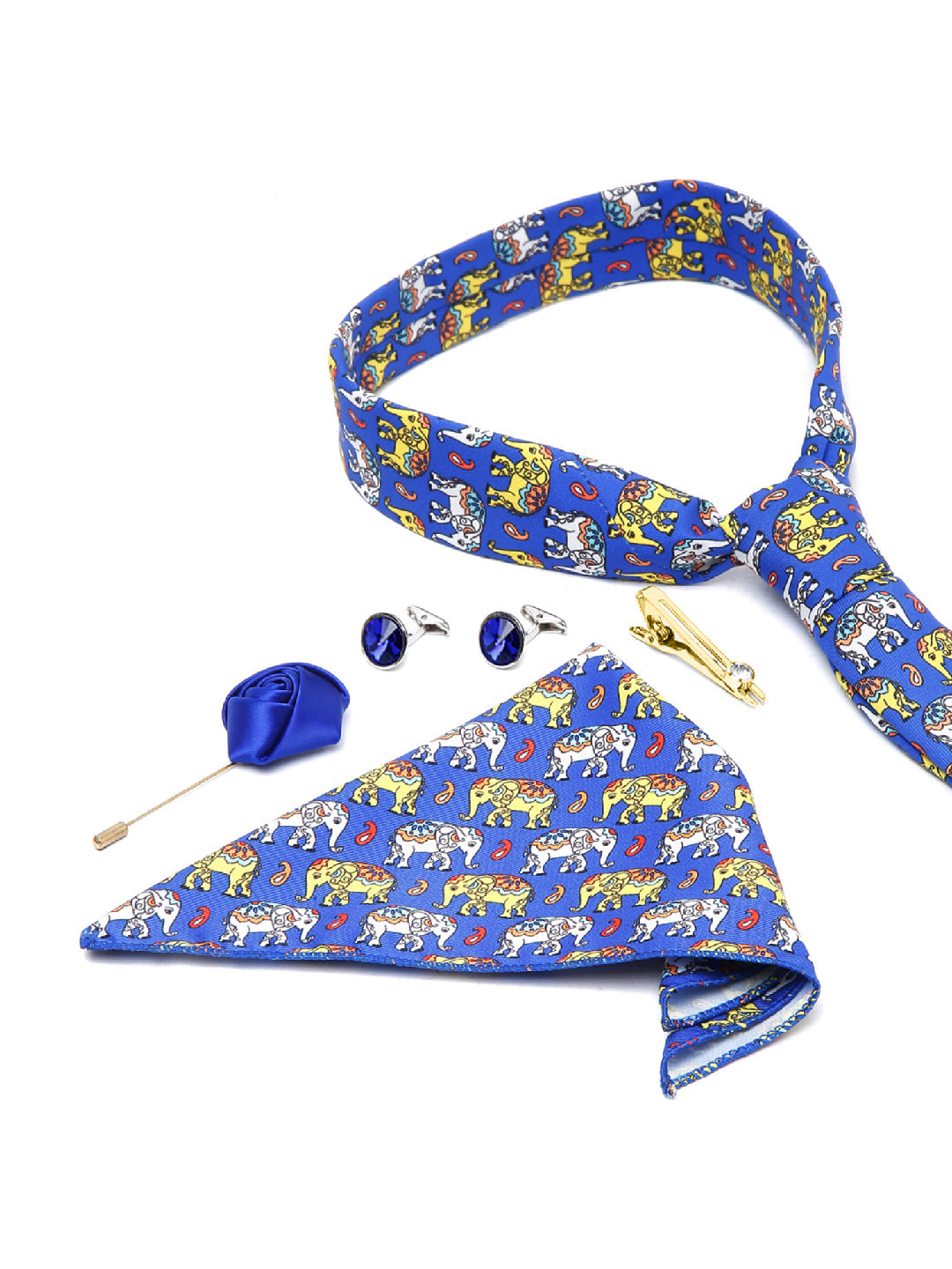 Dodger Blue Luxury Italian Silk Necktie Set With Pocket Square Cufflinks Brooch Gold Tie pin