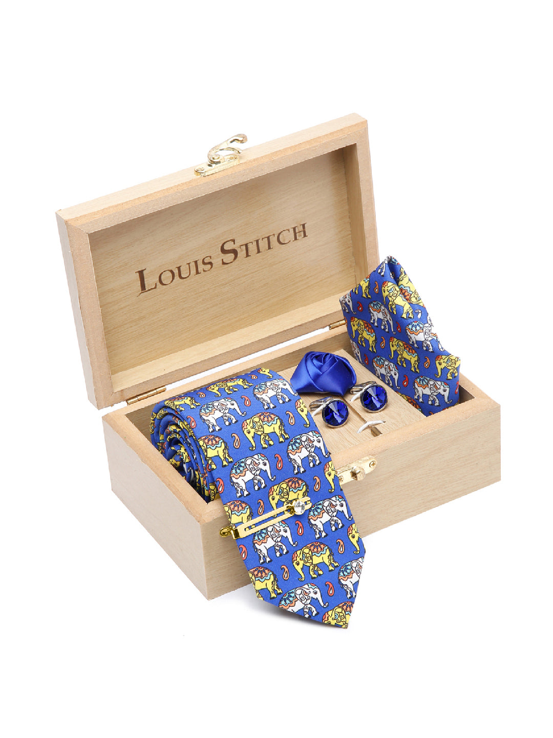Dodger Blue Luxury Italian Silk Necktie Set With Pocket Square Cufflinks Brooch Gold Tie pin