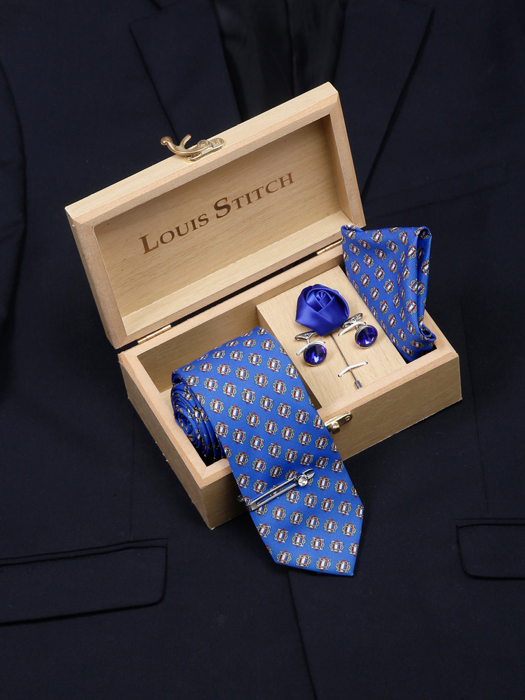 Brandeis Blue Luxury Italian Silk Necktie Set With Pocket Square Cufflinks Brooch Chrome Tie pin