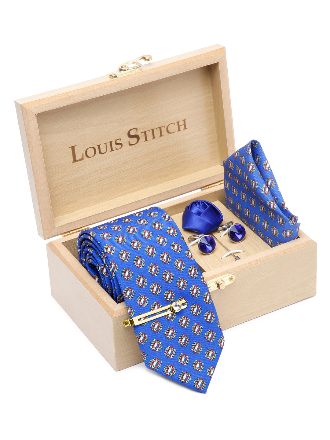 Brandeis Blue Luxury Italian Silk Necktie Set With Pocket Square Cufflinks Brooch Gold Tie pin